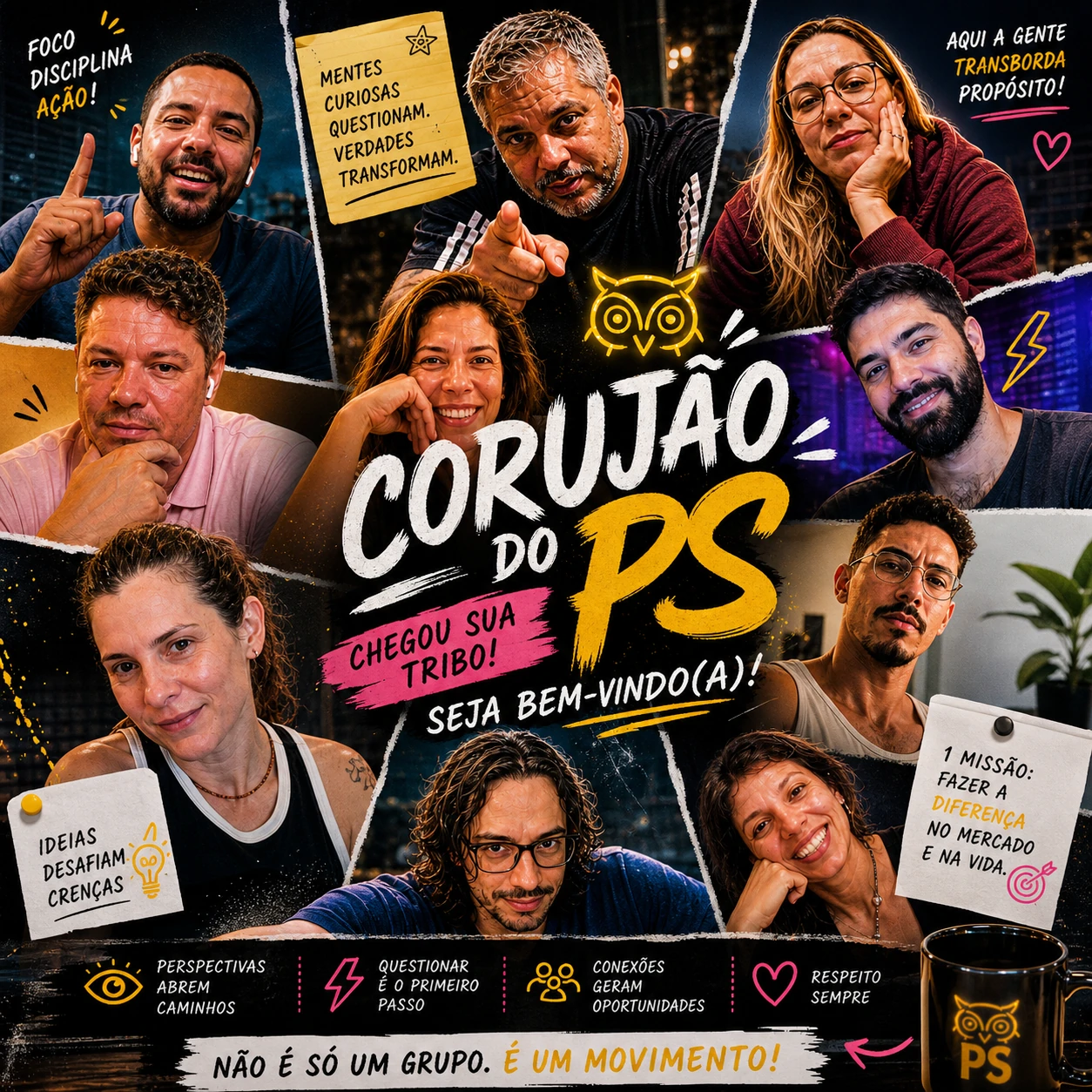 Montagem com várias pessoas sorrindo e — Corujão do PS — onde mentes curiosas se reúnem e o sono é apenas uma opção.