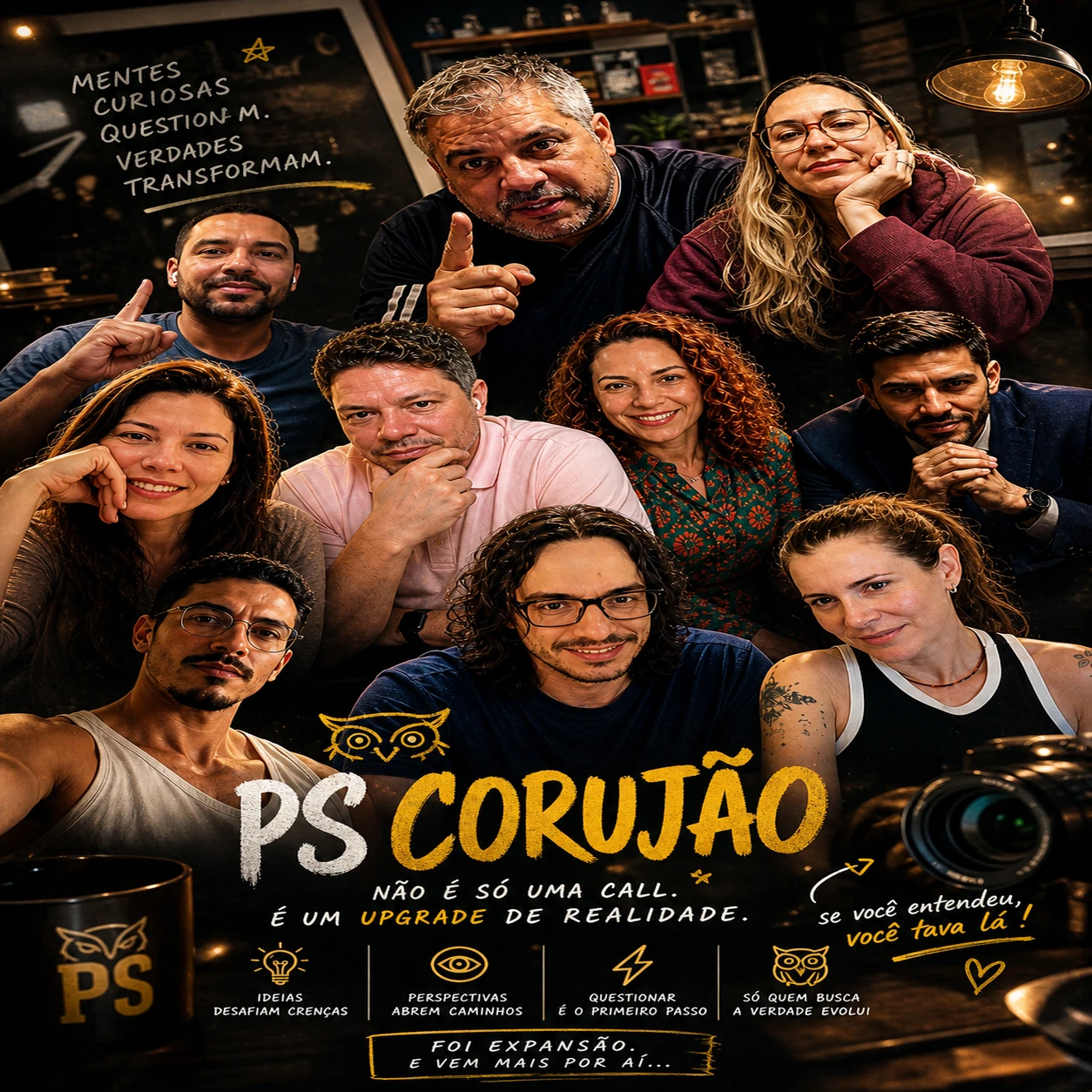 Grupo de pessoas sorrindo em um ambiente — George e sua trupe: entre a fé e o funil, a verdade é sempre uma escolha.