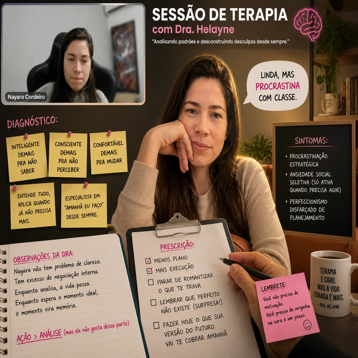 Montagem de sessão de terapia com mulher ao centro, chamada de vídeo e textos sobre procrastinação e prescrição. — Nayara. Moldando a linguagem em terapia, onde cada palavra é uma construção.