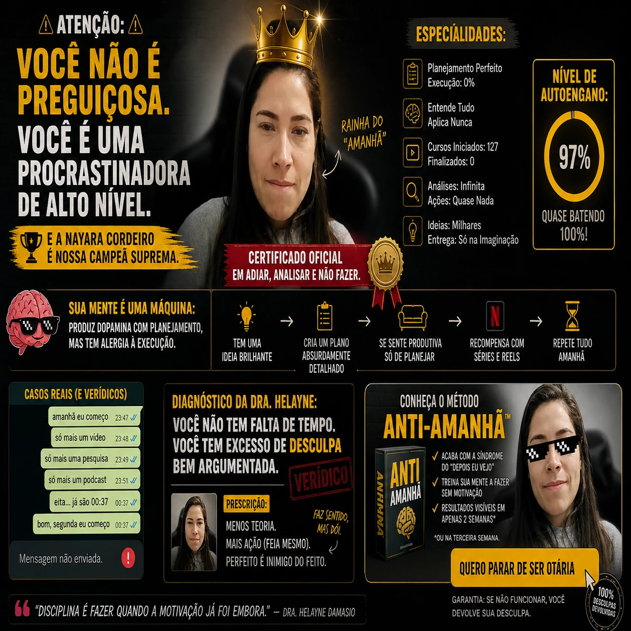 Montagem humorística sobre procrastinação: “Você não é preguiçosa”, com mulher de coroa e gráficos de autoengano. — Nayara. A rainha da procrastinação, desafiando a mente coletiva com humor.