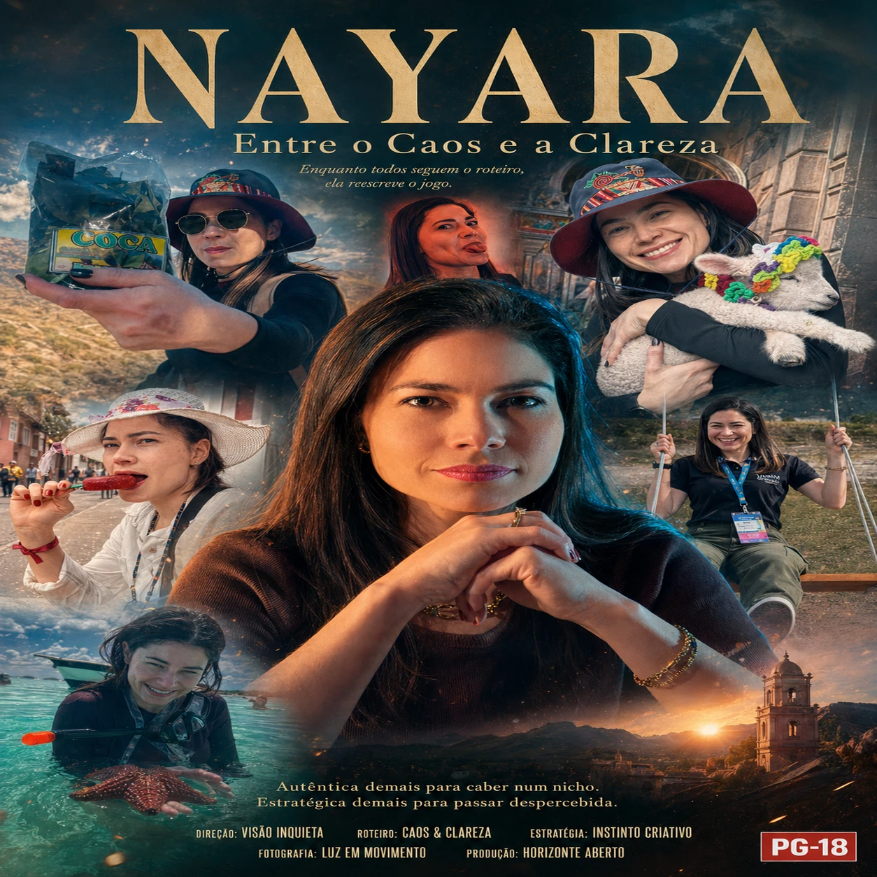 Pôster com várias fotos de uma mulher e o texto “NAYARA: Entre o Caos e a Clareza”. — Nayara. Entre caos e clareza, moldando a linguagem que transforma realidades.
