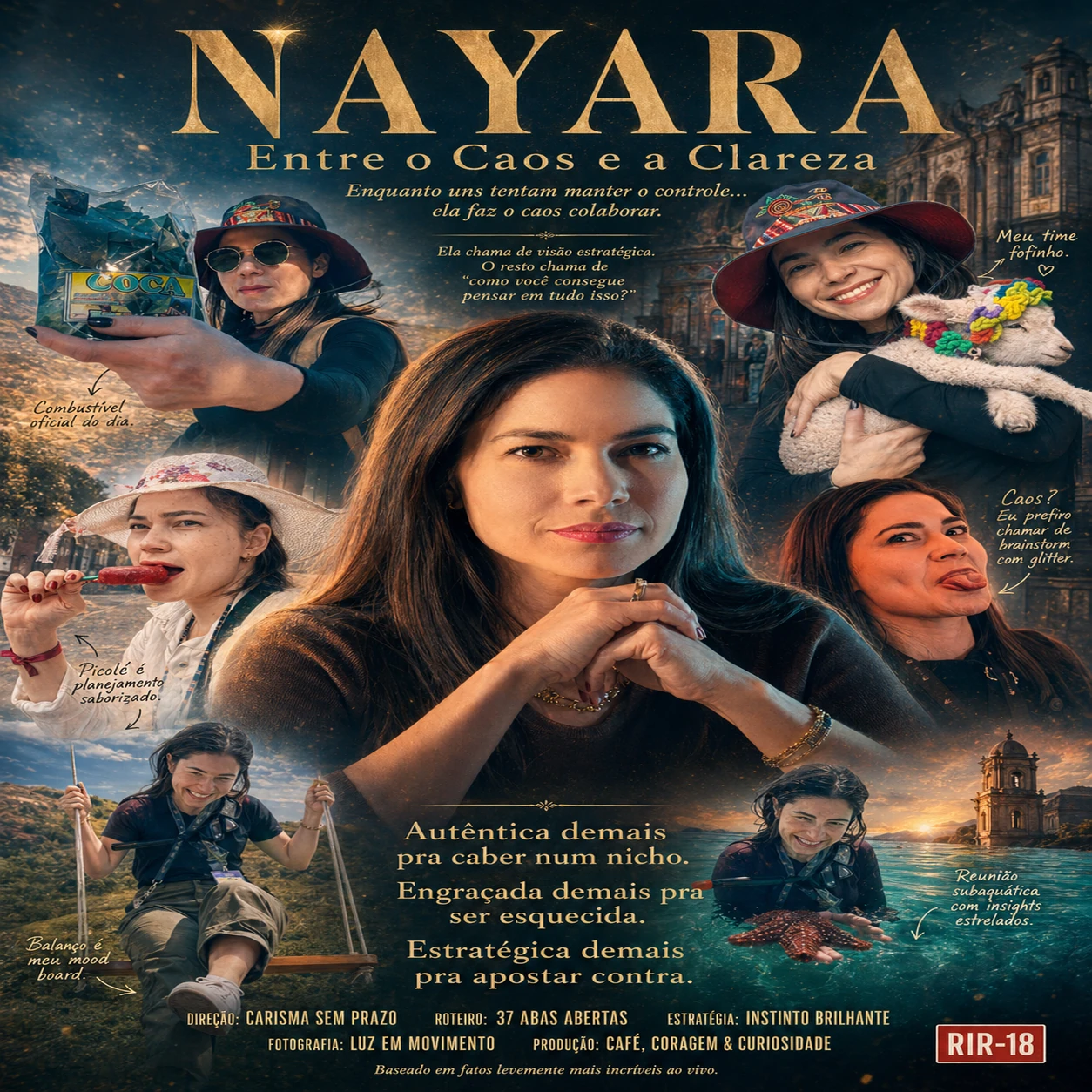 Pôster “NAYARA”, com colagem de retratos femininos e frase: “Entre o Caos e a Clareza” — Nayara. Entre o caos e a clareza, moldando identidades com palavras.