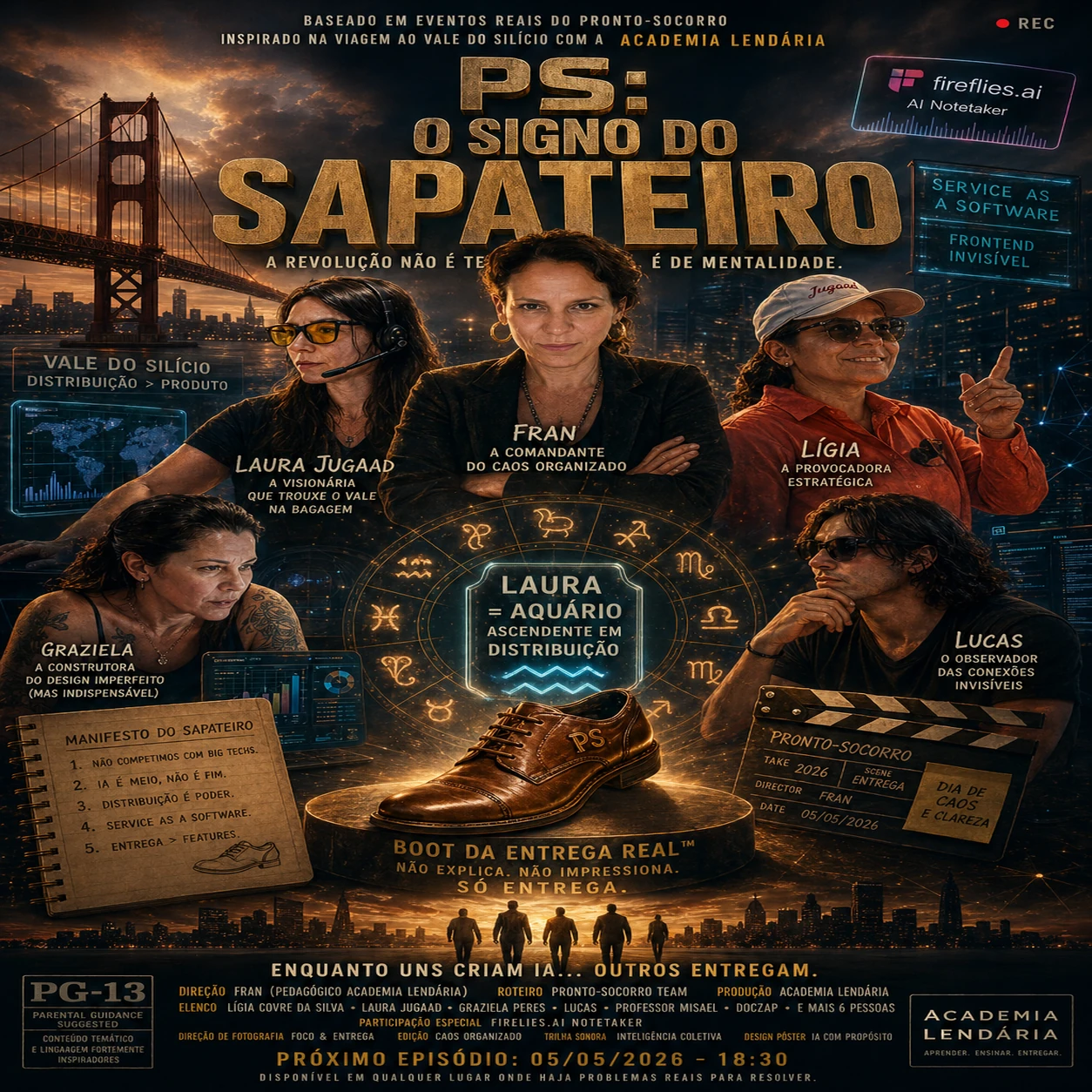 Pôster “PS: O Signo do Sapateiro” com cinco pessoas, cidade, ponte e um sapato em destaque. — No PS Corujão, a madrugada é palco de revoluções mentais e café em abundância.