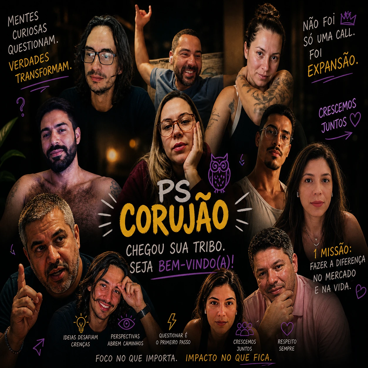 Grupo diversificado de pessoas em ambiente — PS Corujão — onde a curiosidade se transforma em conexão e aprendizado contínuo.