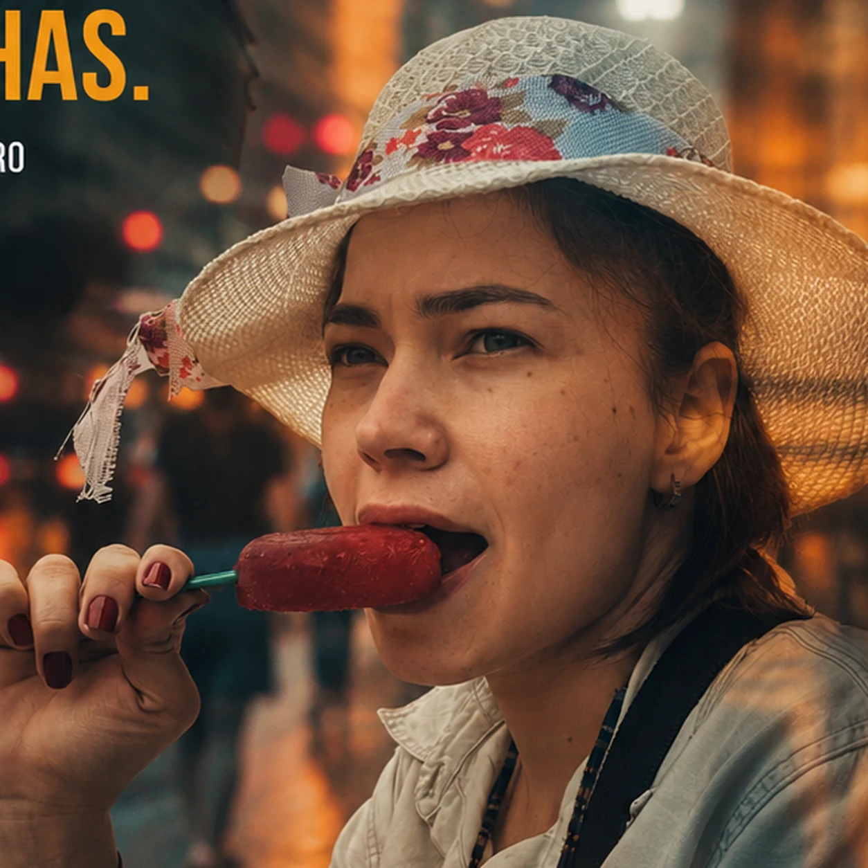 Mulher de chapéu de palha mordendo picolé vermelho em rua desfocada; texto cortado “IAS.” ao lado. — Nayara. Saboreando a linguagem que molda realidades em cada gesto.