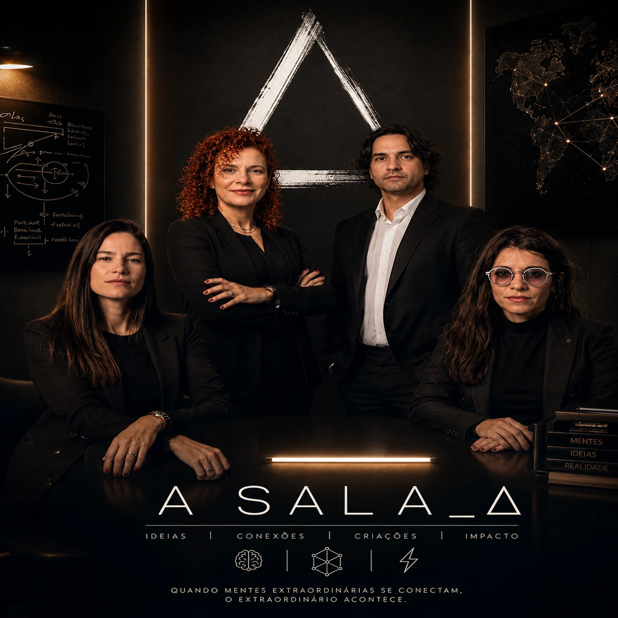 Quatro pessoas de preto em sala escura, com símbolo triangular e texto “A Sala: ideias, conexões, criações, impacto” — Jaya e a equipe: a sala não é só um espaço, é um teste de presença coletiva.