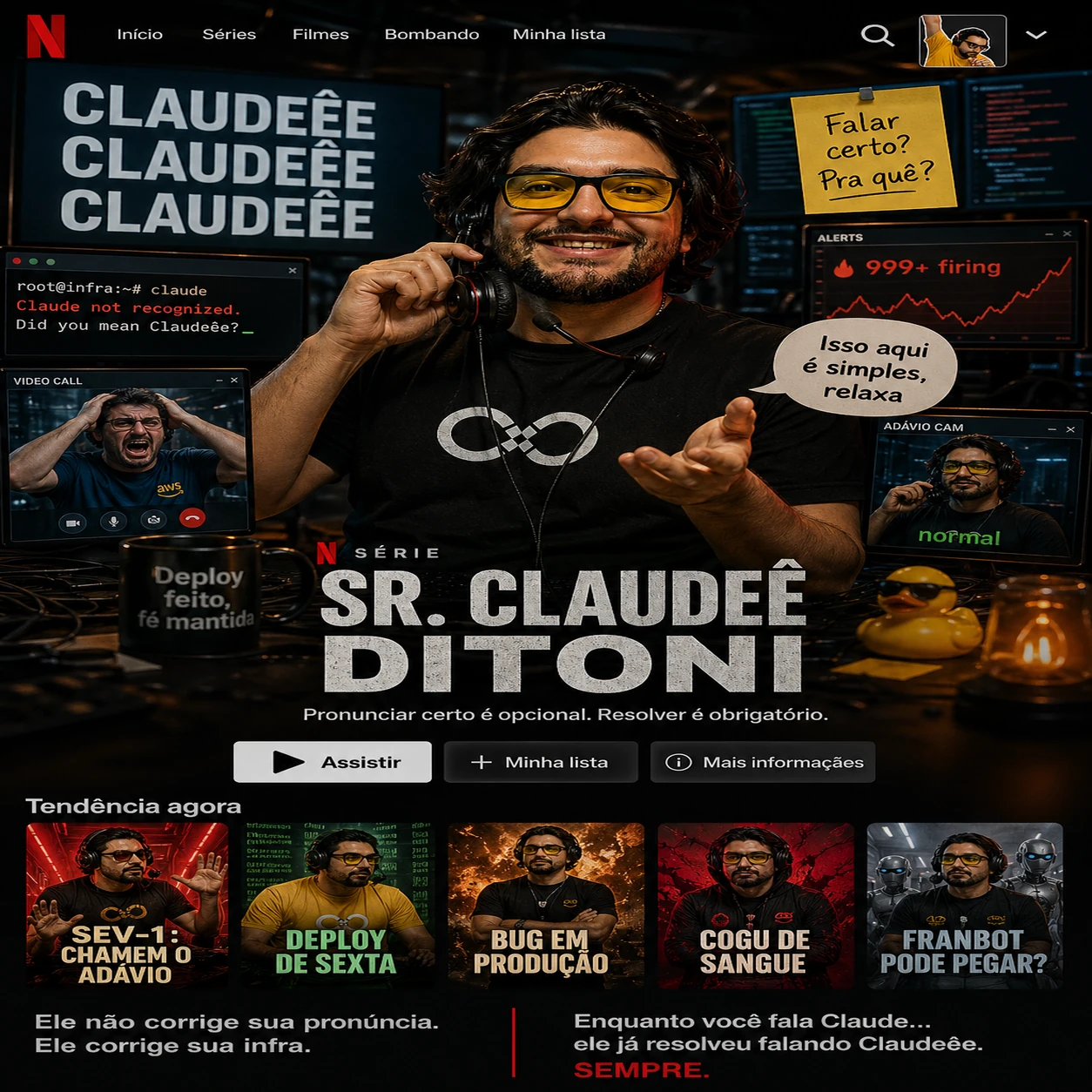Tela de Netflix com Adávio e o título 'Sr — Adávio na tela: onde o caos encontra a didática, sempre com calma.