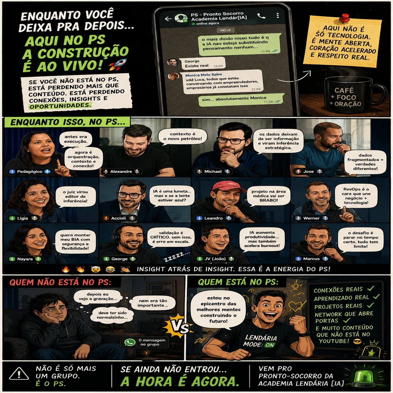 Várias pessoas conversando em um grupo do — No PS, a construção do conhecimento é um café forte à luz da madrugada.