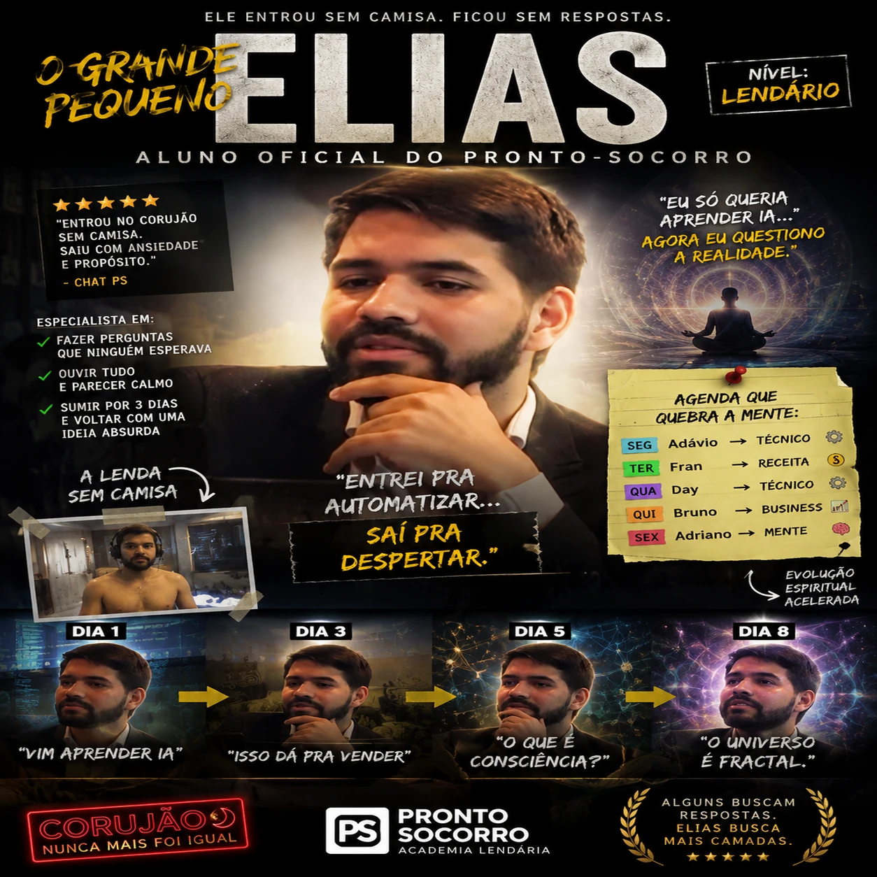 Pôster “O Grande Pequeno Elias”, aluno do Pronto-Socorro, com fotos e frases sobre IA. — Elias, o observador que transforma cada silêncio em uma lição valiosa.
