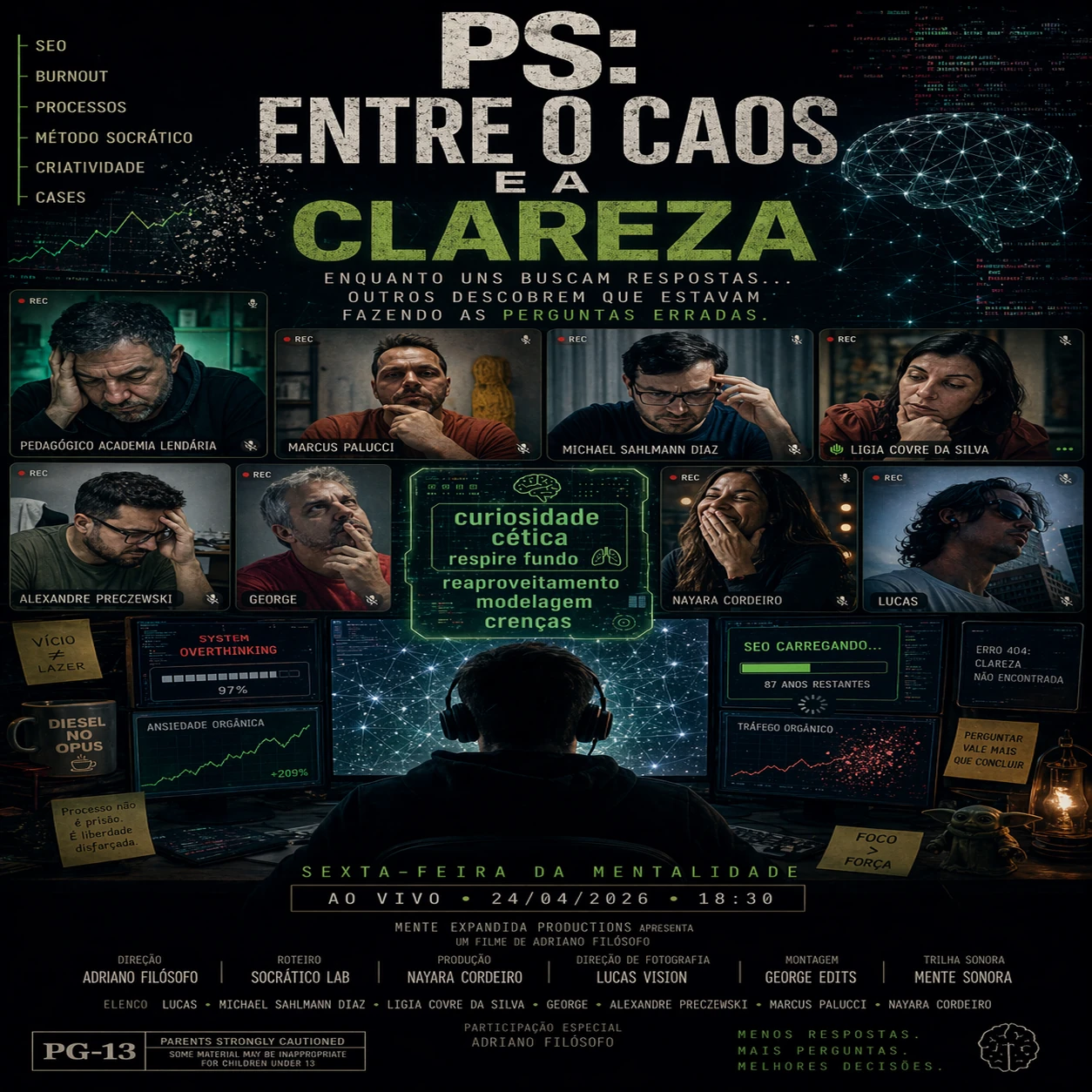 Pôster de evento com nomes e temas sobre — Entre o caos e a clareza, a mente se revela — um espaço para transformações.