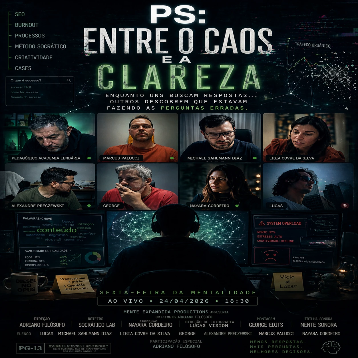 Cartaz “PS: Entre o Caos e a Clareza” com rostos em chamada de vídeo e painéis de dados escuros. — Entre o caos e a clareza, mentes se encontram para transformar perguntas em resp