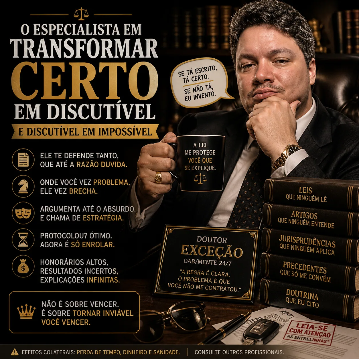 Homem de terno em escritório jurídico; texto: “O especialista em transformar certo em discutível”. — Accioli, o especialista em transformar certo em discutível. O jurídico do PS agr