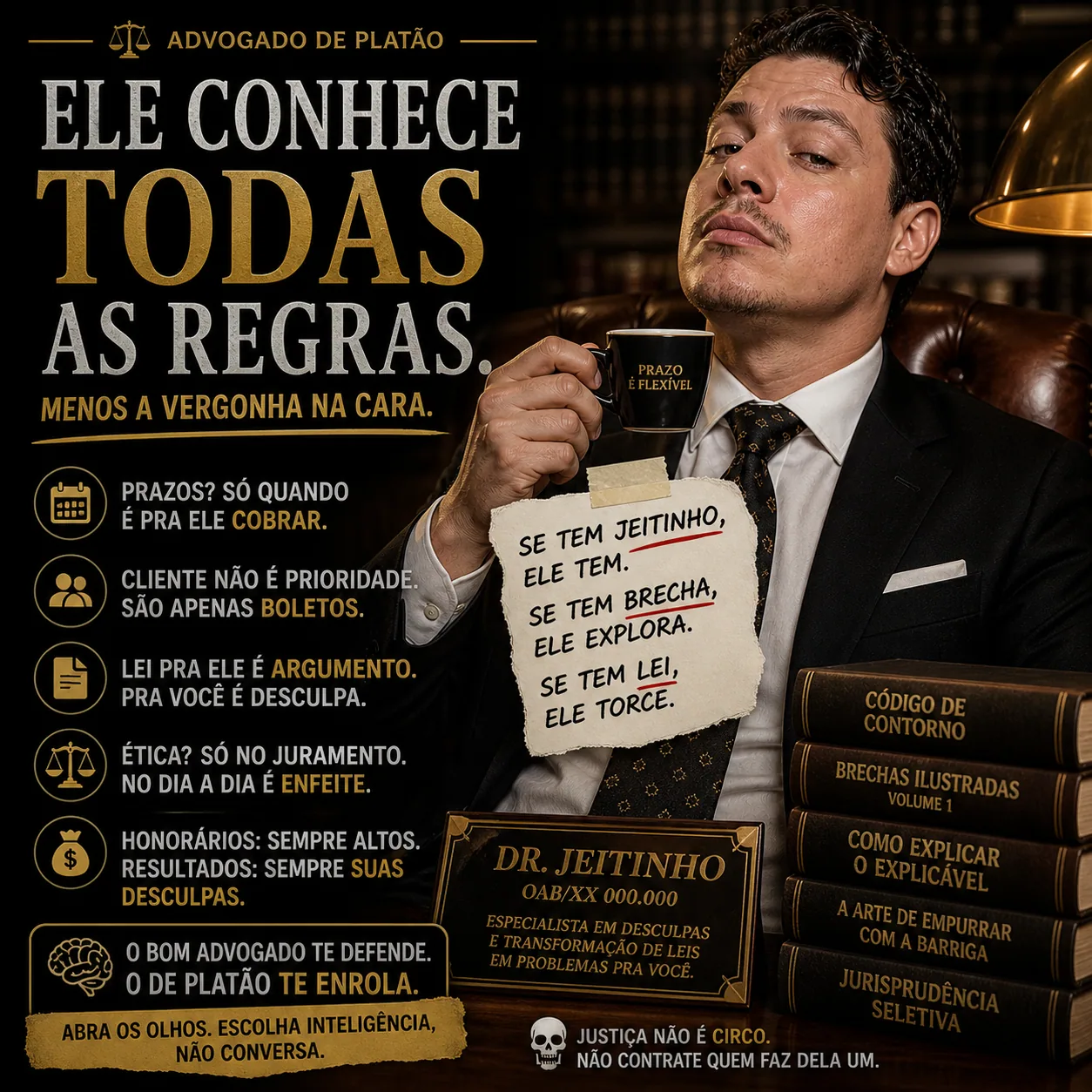 Homem de terno com caneca; texto: “Ele conhece todas as regras, menos a vergonha na cara.” — Accioli no quadro: presença que pesa antes de qualquer palavra.
