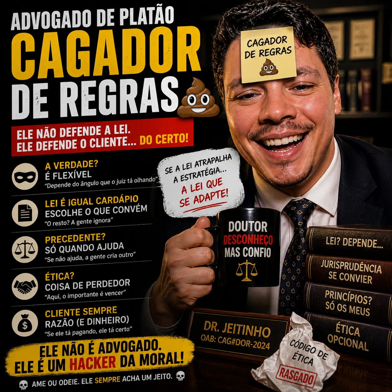 Cartaz satírico: advogado sorrindo com caneca e texto “Cagador de regras”, cercado por frases sobre ética flexível. — Em campo. Accioli no modo operação.