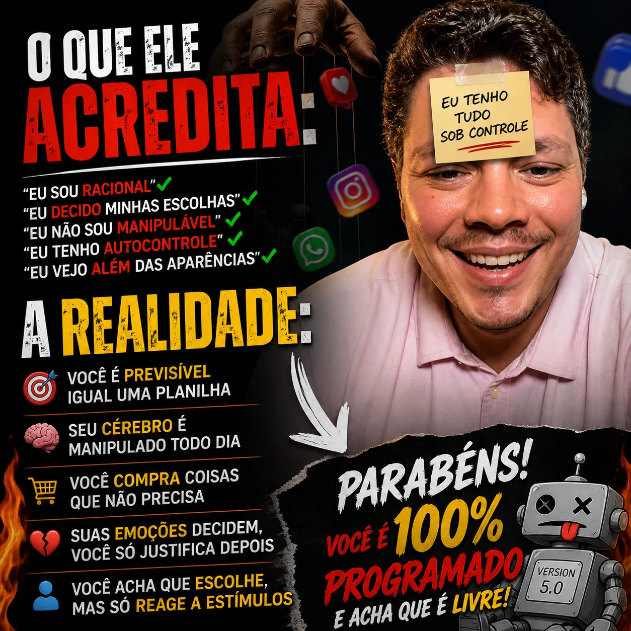 Montagem com homem sorrindo e textos: “O que ele acredita”, “você é 100% programado”. — Concentração total. Accioli não pisca quando o jogo aperta.