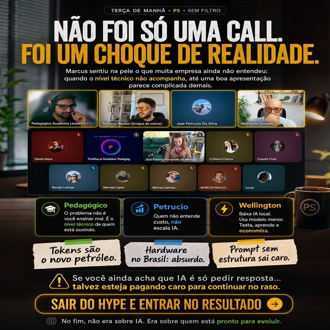 Arte promocional sobre uma call com grade de participantes, frases sobre IA, tokens, hardware e resultado. — Call sobre IA destacando técnica, custos e saída do hype.