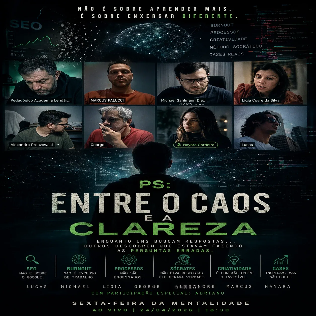 Pôster escuro com mosaico de videochamada, cérebro digital e título grande sobre caos e clareza. — Arte de evento online sobre caos, clareza e aprendizado.