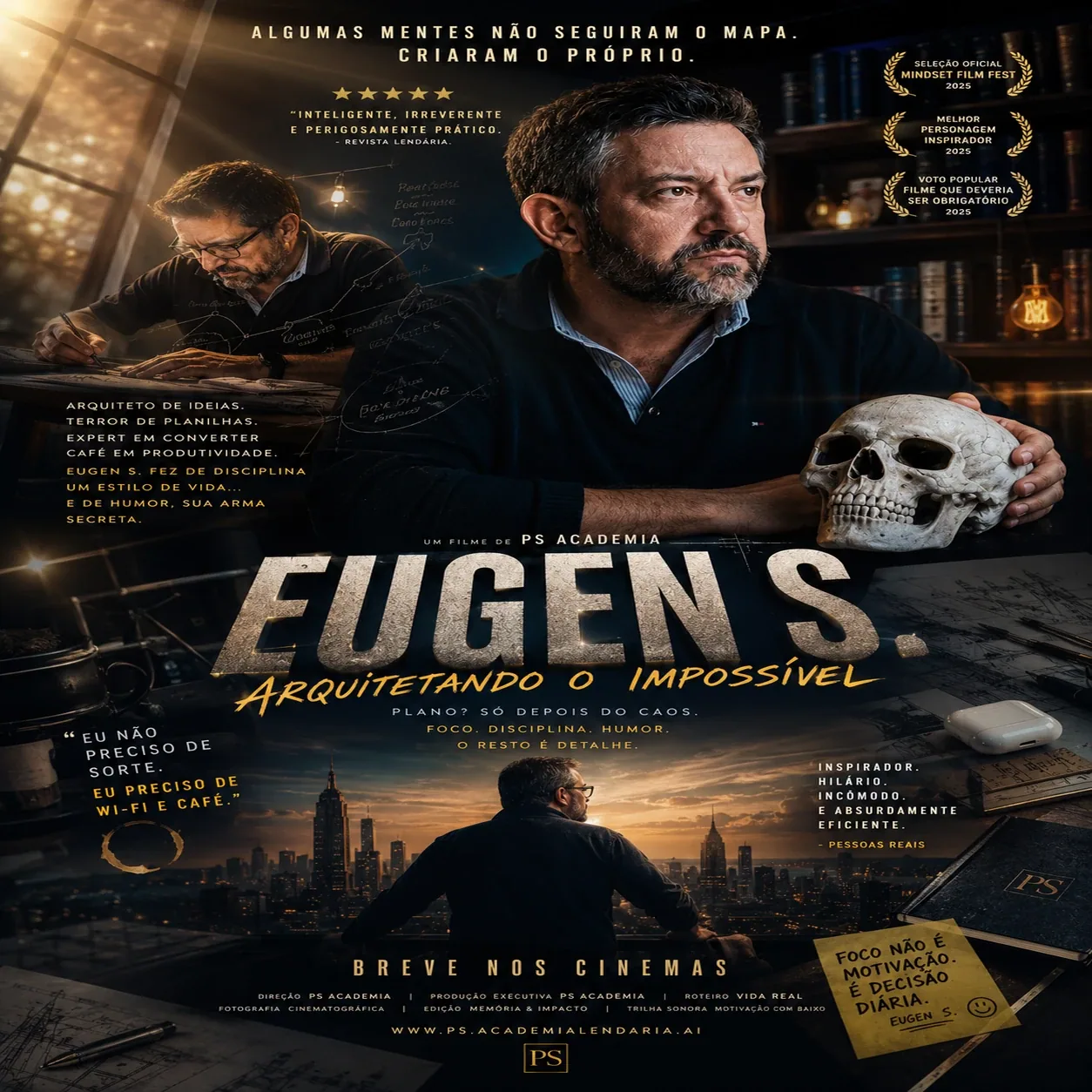 Pôster cinematográfico com homem em escritório, caveira, cidade ao fundo e título grande em destaque. — Pôster dramático sobre disciplina, foco e criação.