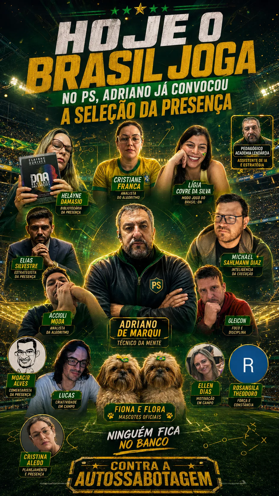 Pôster esportivo 'Hoje o Brasil joga — no PS, Adriano já convocou a seleção da presença': Adriano de Marqui como técnico ao centro, cercado pela escalação do PS (Helayne, Cristiane, Lígia, Michael, Elias, Accioli, Gleicon e outros) e as mascotes Fiona e Flora. Faixa: 'Ninguém fica no banco. Contra a autossabotagem.' — Hoje o Brasil joga, mas o Adriano já entrou com a seleção da presença. Escalação