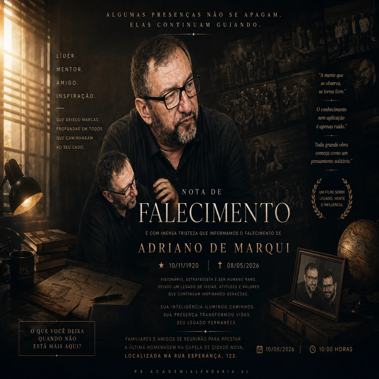 Arte escura de nota de falecimento, com retrato de homem de óculos e texto “Adriano de Marqui”. — Um arquiteto do invisível que deixou um legado eterno nas mentes que tocou.