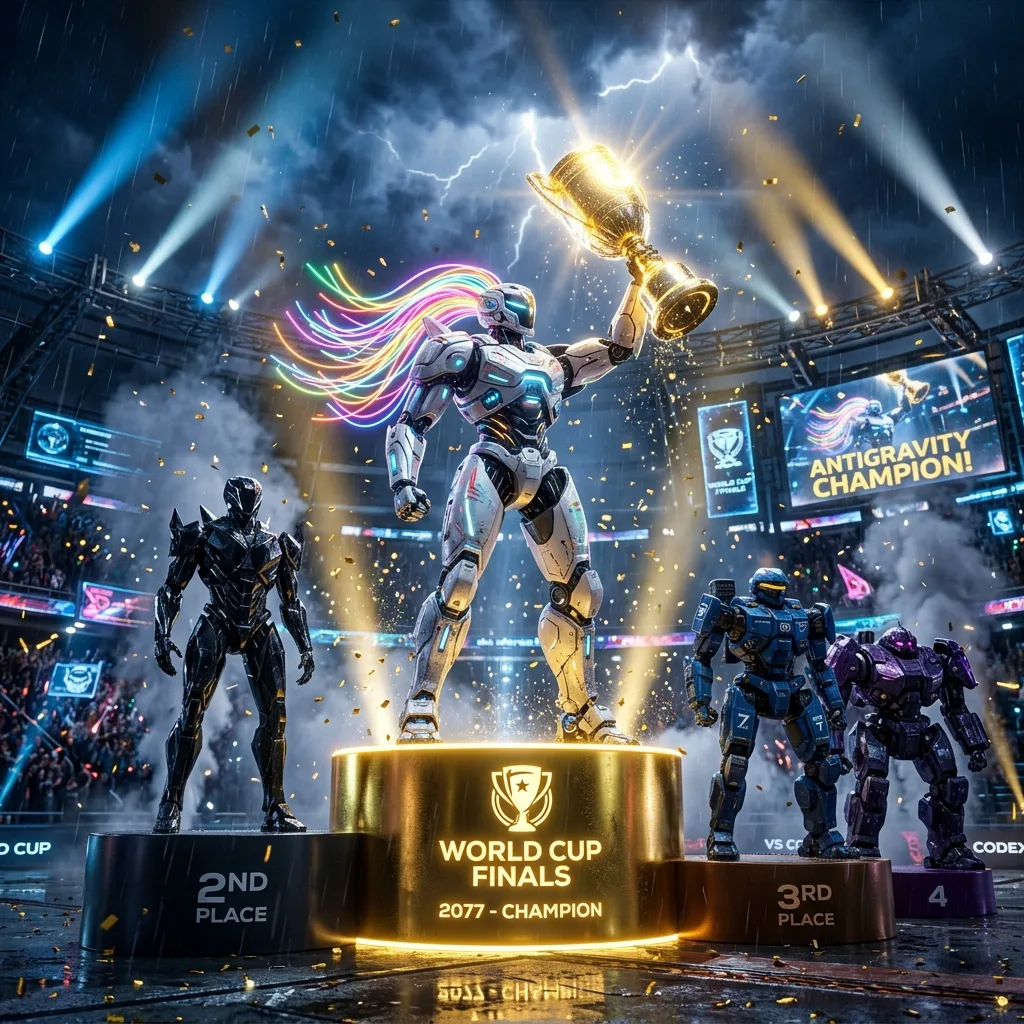 Arte de videogame épico: robô campeão ergue o troféu no pódio da World Cup Finals 2077 sob holofotes. Telão anuncia 'Antigravity Champion'. Adversários ocupam o 2º, 3º e 4º lugar.