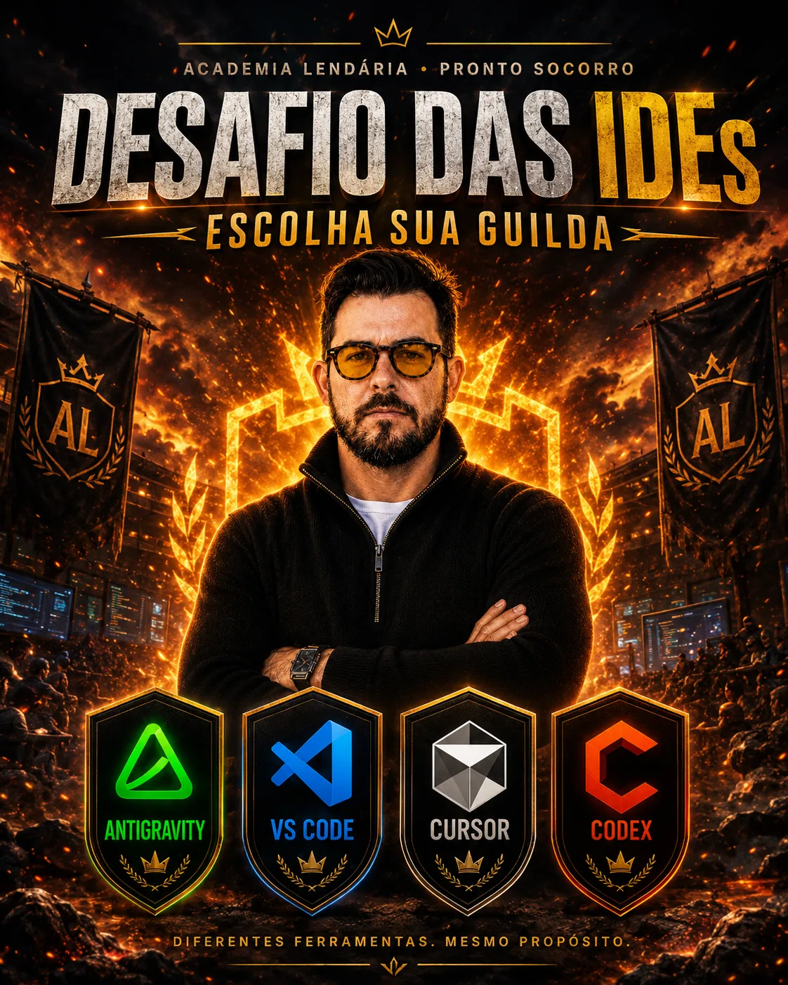 Arte do Lucas Charão de braços cruzados com logos das 4 IDEs abaixo: Antigravity, VS Code, Cursor e Codex. Título: 'Desafio das IDEs — Escolha sua guilda.' — Lucas Charão no Desafio das IDEs — 'Escolha sua guilda.' Antigravity, VS Code, C