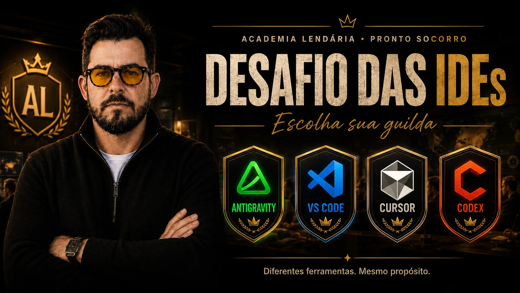 Banner horizontal do Lucas Charão de braços cruzados com logos das 4 IDEs abaixo. Texto: 'Academia Lendária + Pronto Socorro — Desafio das IDEs — Escolha sua guilda.' — O Lucas Charão convocando pra guerra das IDEs. 'Diferentes ferramentas. Mesmo pr
