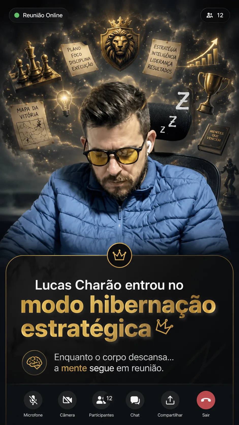 Lucas Charão de olhos fechados em modo hibernação, cercado por telas da Batalha das IDEs — Modo hibernação ativado. Lucas Charão economiza energia entre um build e outro —