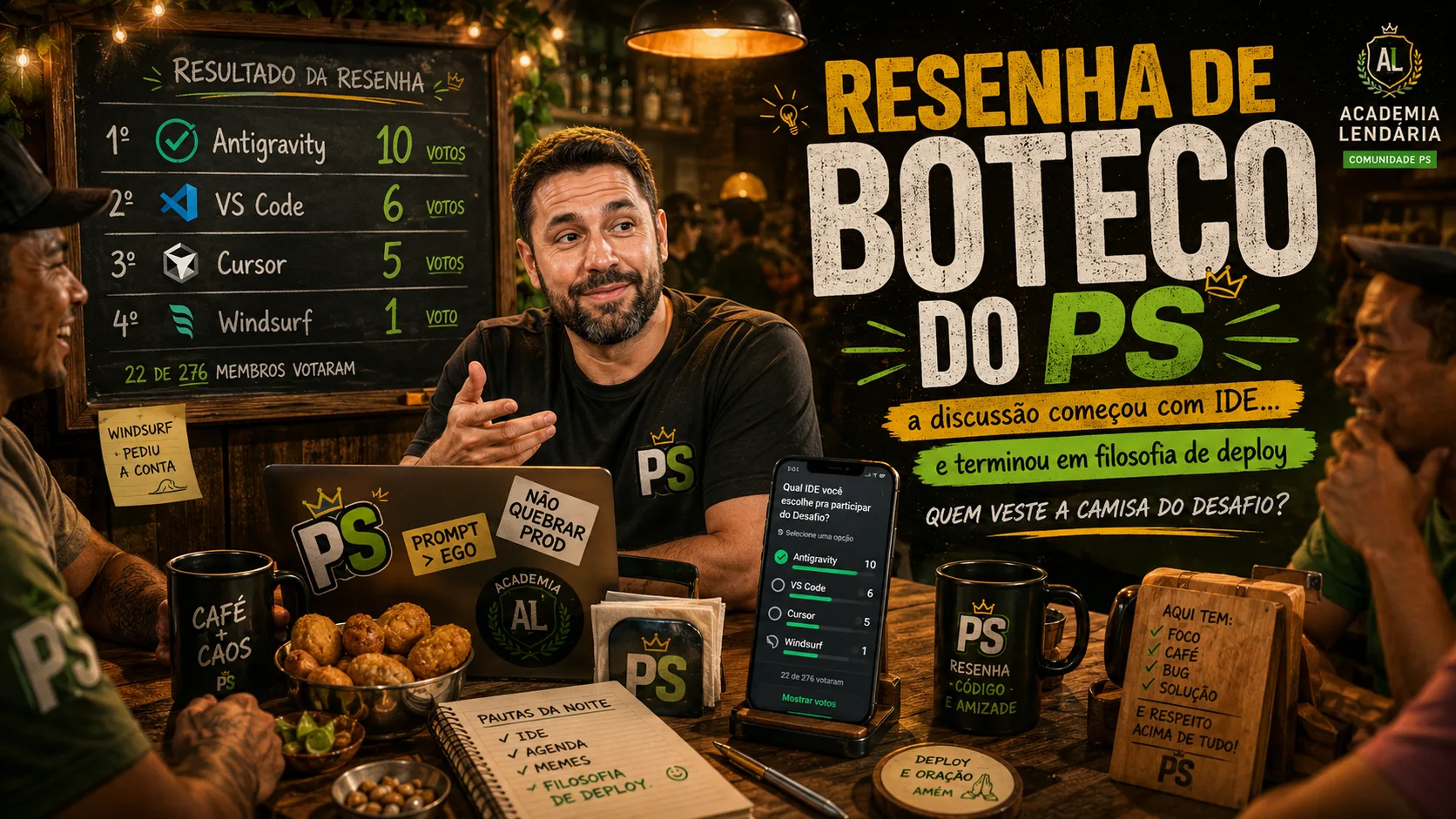Arte do Lucas Charão em bar rústico com chaleira de café e tabuleiro de votação. Texto: 'Resenha de Boteco do PS — a discussão começou com IDE… e terminou em filosofia de deploy.' — Resenha de Boteco do PS — a discussão começou com IDE e terminou em filosofia de