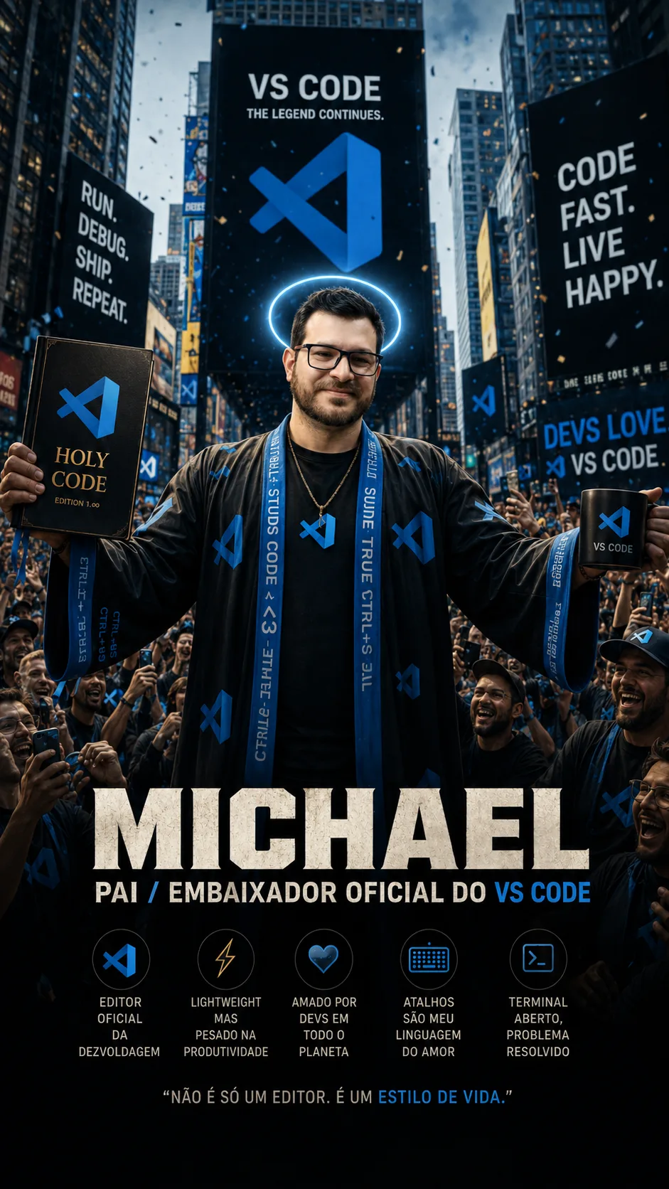 Michael em pose de embaixador do VS Code, segundo retrato da série — O embaixador em segundo ato: Michael defende o VS Code como quem defende a pátri