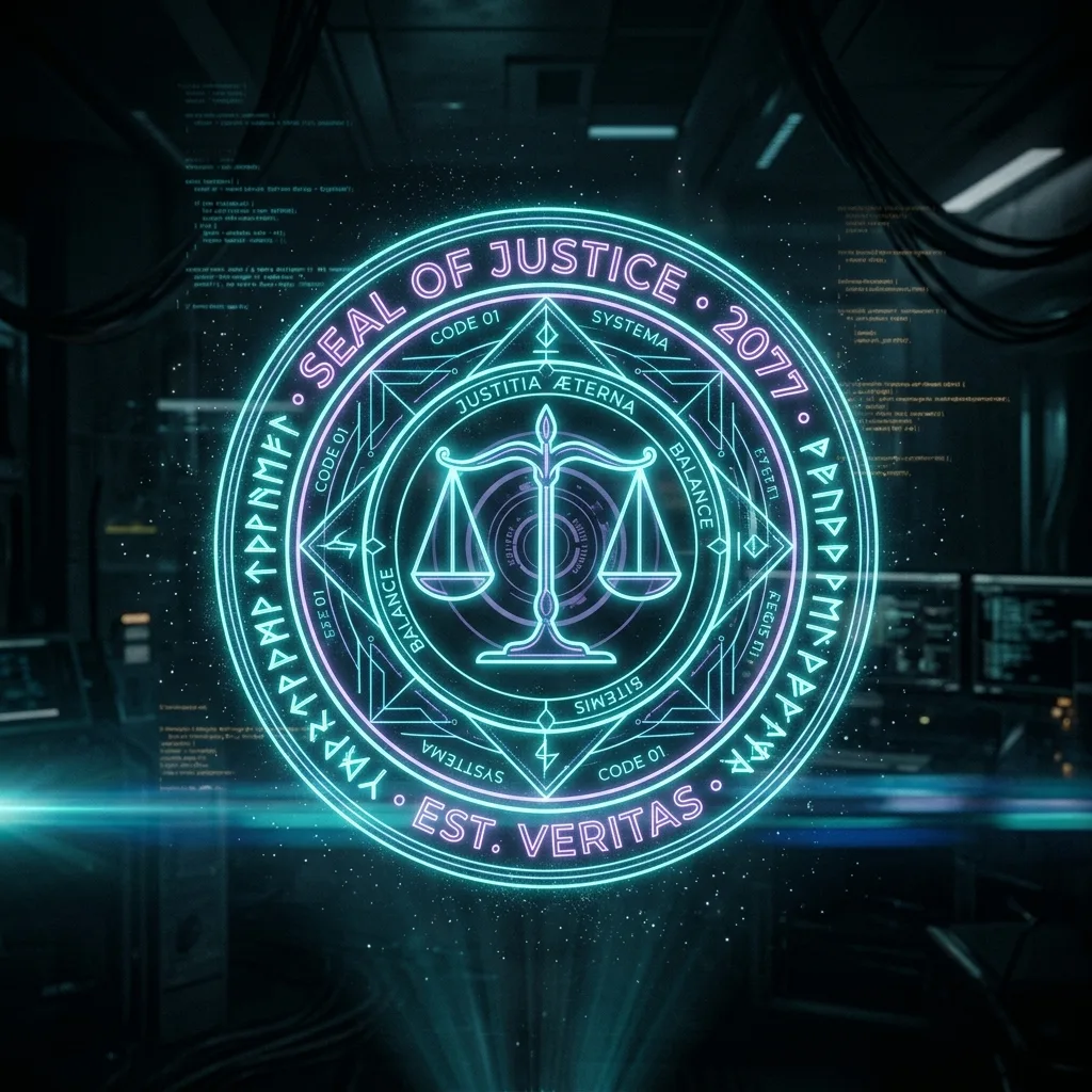 Selo neon holográfico 'Seal of Justice • 2077 • Est. Veritas' com a balança da justiça ao centro, runas e código ao redor, flutuando numa sala de servidores. — Selo do veredito: Est. Veritas. No Tribunal das IDEs a balança não pesa marca — 