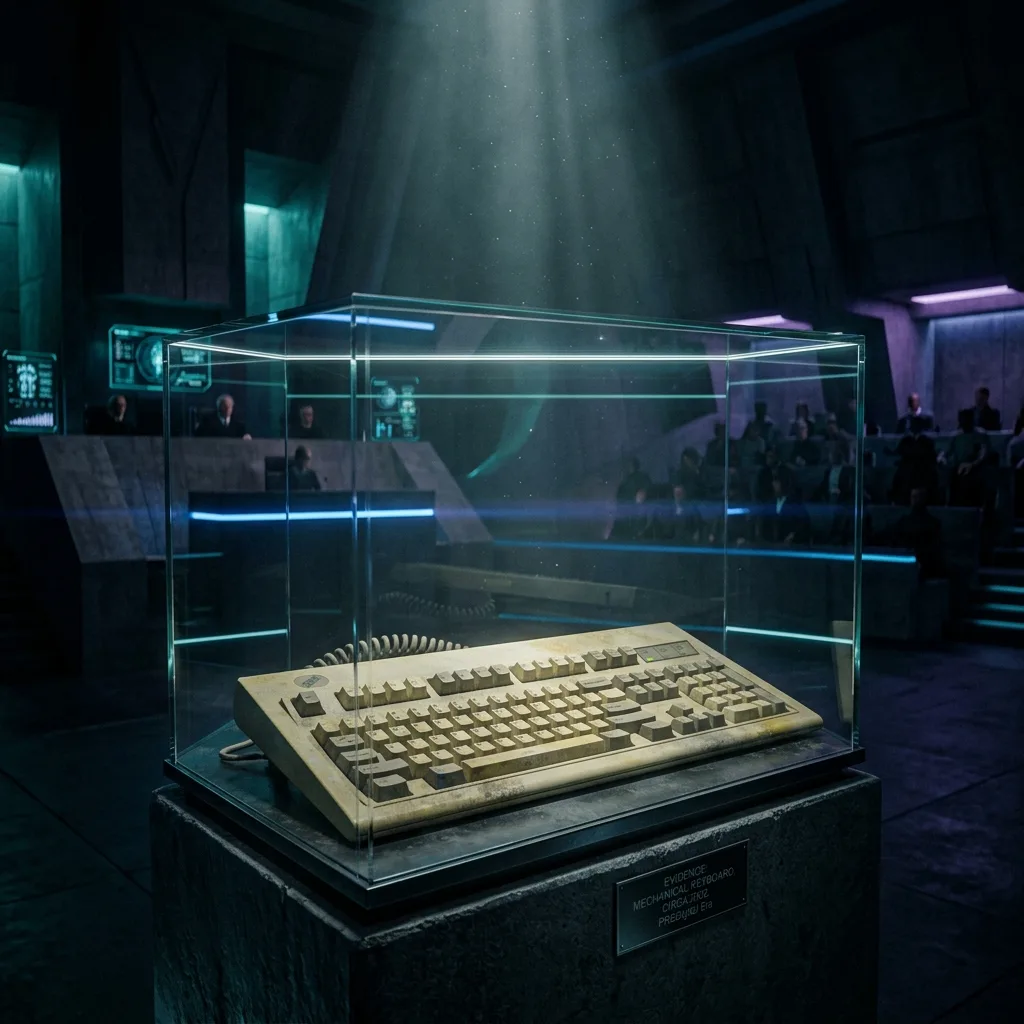 Cena cinematográfica de tribunal futurista: teclado mecânico antigo dentro de redoma de vidro sobre pedestal, com placa 'Evidence: Mechanical Keyboard'. Júri ao fundo na penumbra. — A evidência número um no julgamento das IDEs: o teclado. No fim, a ferramenta vi