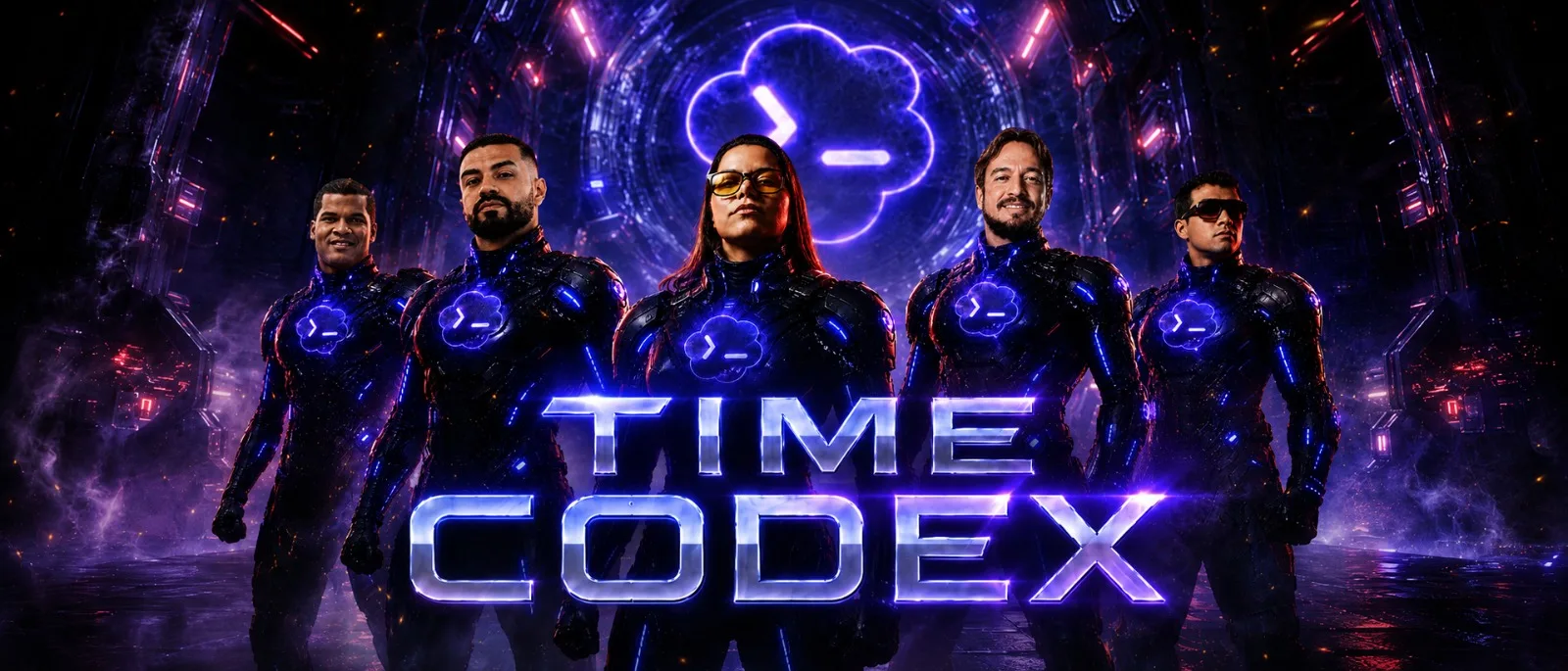 Banner cinematográfico 'Time Codex': cinco integrantes em trajes futuristas escuros com o emblema do Codex no peito, em pose heroica diante de um portal luminoso. Título em destaque: 'Time Codex'. — Time Codex entra em campo na Batalha das IDEs. A guilda do terminal, em formação