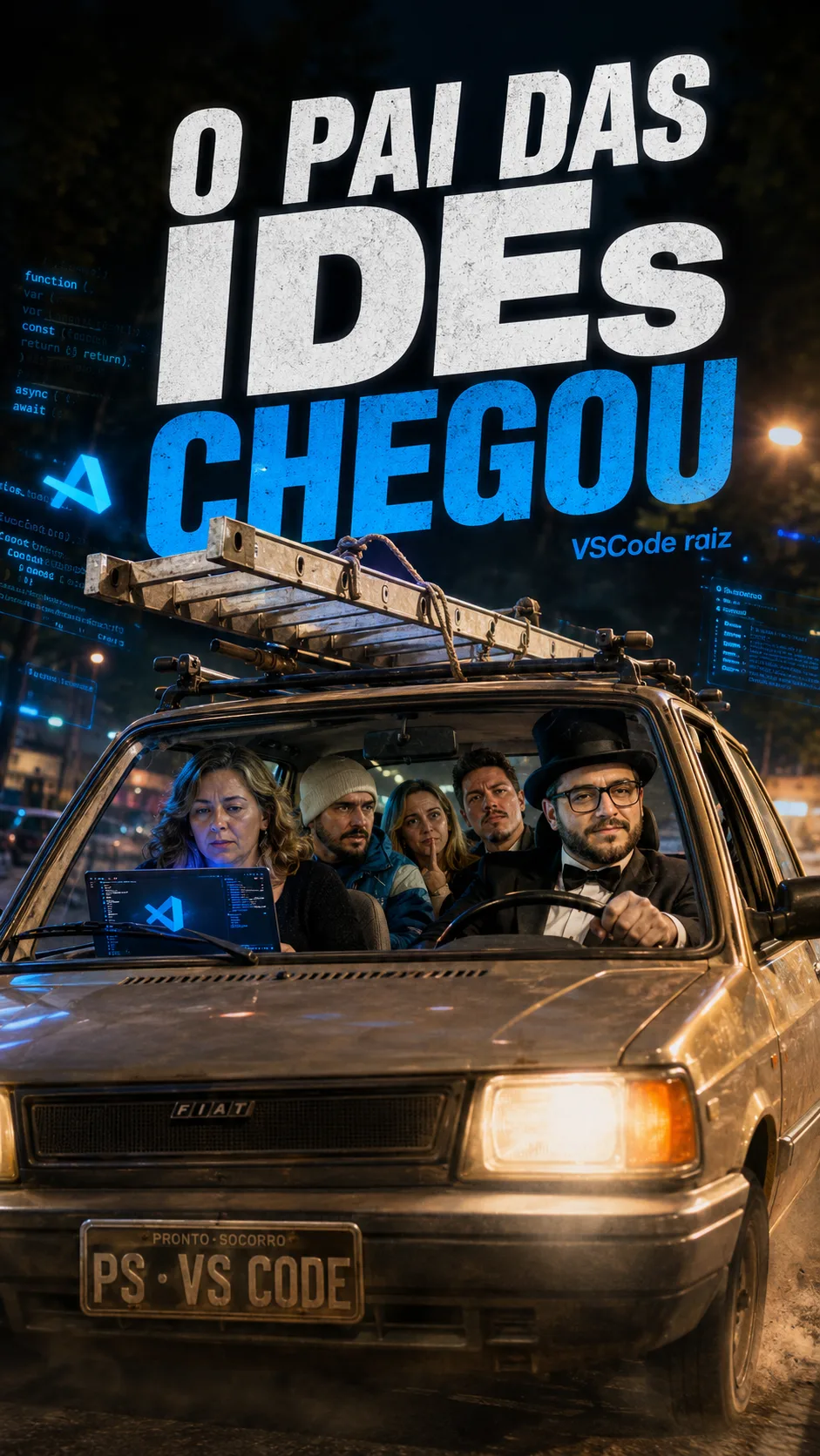 Time do VS Code reunido em segunda formação: Michael, Carla, Cristiane, Accioli e Alexandre — A linha de frente do VS Code posa antes do confronto. Na Batalha das IDEs, ningu