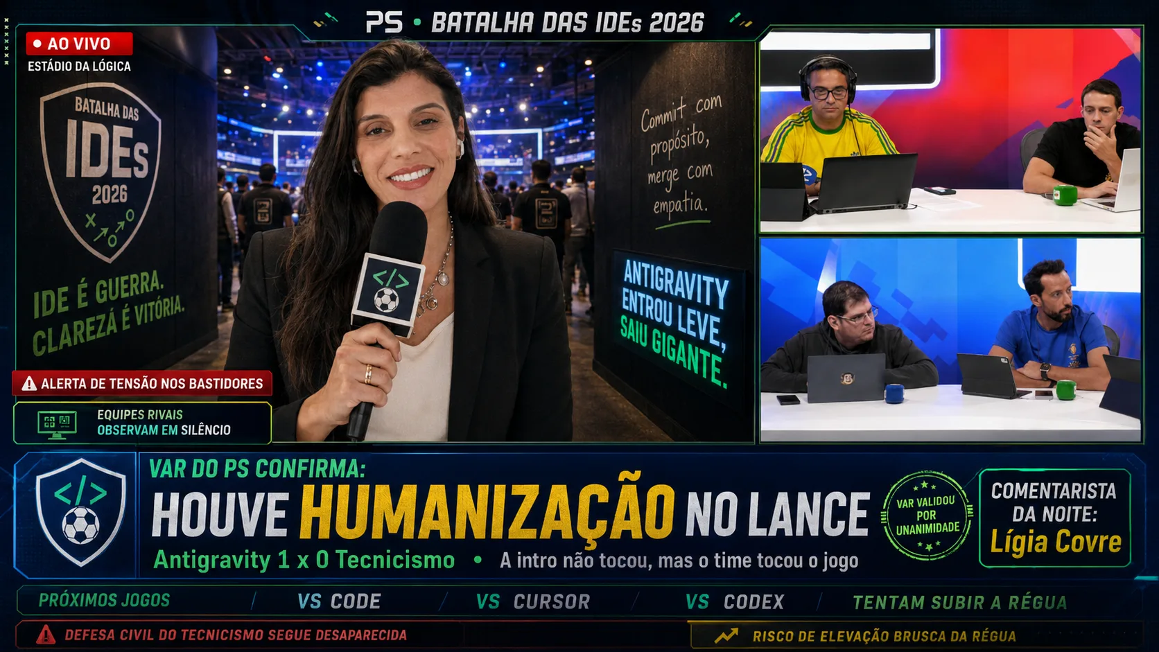 Transmissão esportiva 'Batalha das IDEs 2026': repórter ao vivo no estádio e painéis de comentaristas. Chamada: 'VAR do PS confirma: houve humanização no lance. Antigravity 1 x 0 Tecnicismo.' Comentarista da noite: Lígia Covre. — VAR do PS confirma: houve humanização no lance. Antigravity 1 x 0 Tecnicismo. A 
