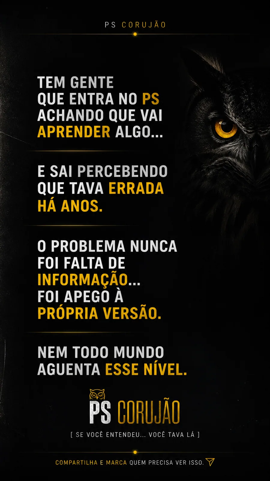Arte escura PS Corujão com olho de coruja e frase: O problema nunca foi falta de informação.