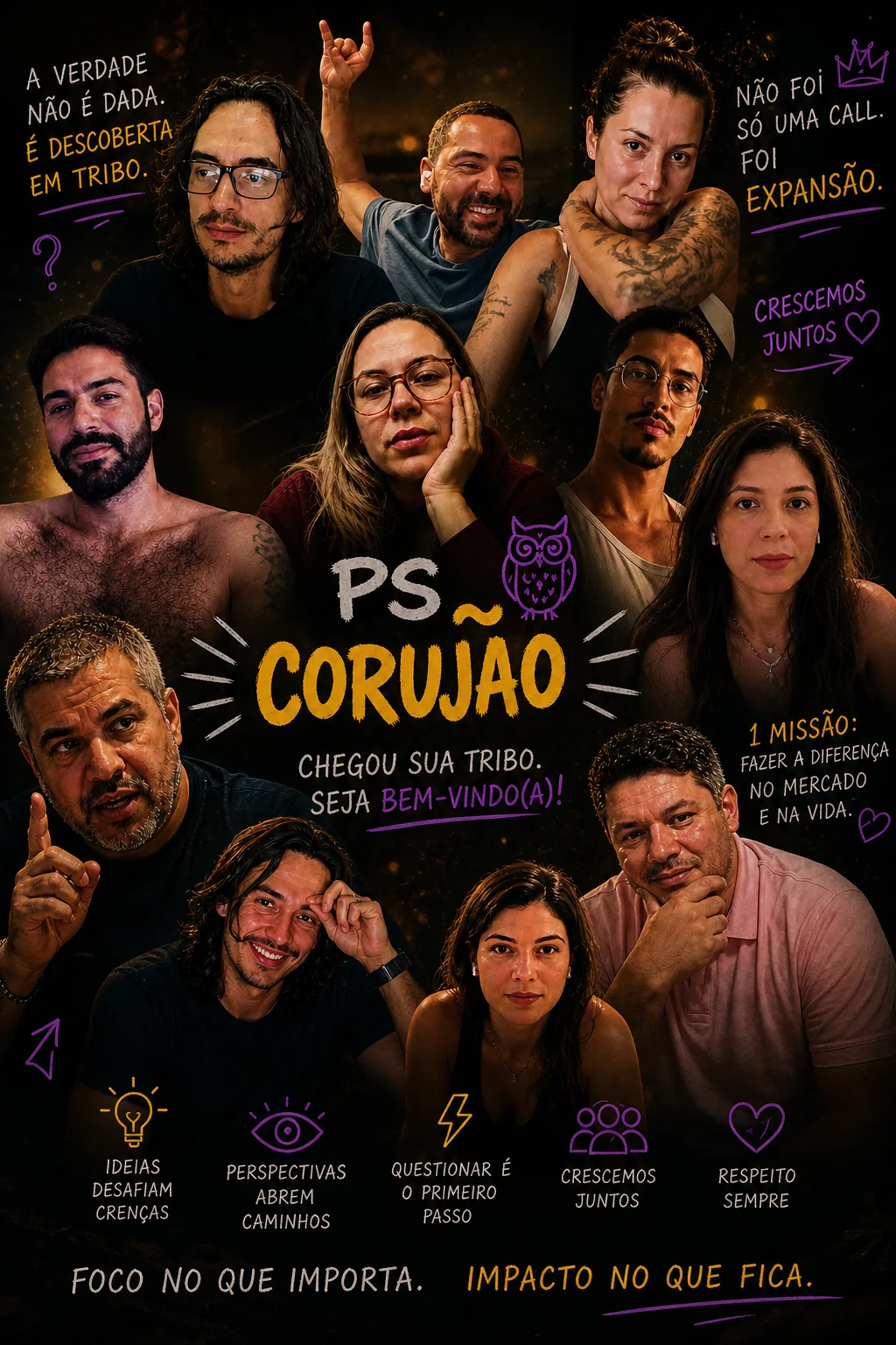 Colagem de 11 pessoas com texto “PS Corujão”, frases sobre tribo, expansão e impacto. — Corujão em sessão. O grupo que não dorme.