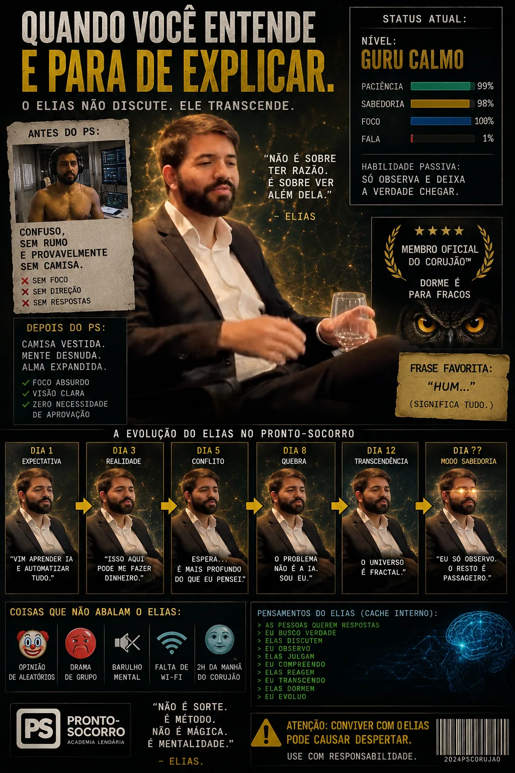 Colagem meme com homem de terno e copo, textos “guru calmo”, “antes/depois do PS” e evolução no pronto-socorro. — A mente que não para. Elias em modo estratégico no estratégico.