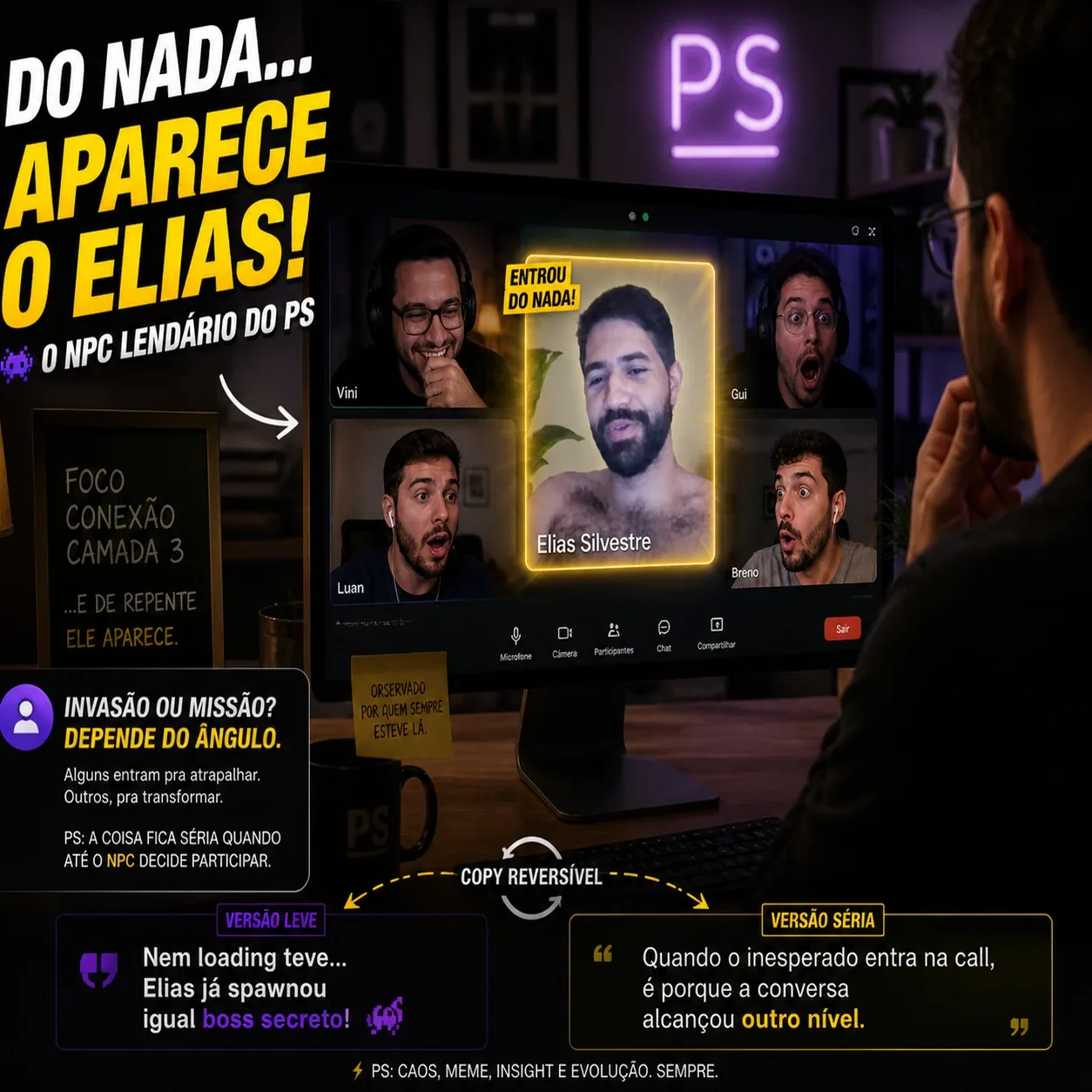 Arte de chamada de vídeo com Elias em destaque e textos grandes sobre aparição inesperada no PS. — Chamada do PS com participante inesperado em destaque.