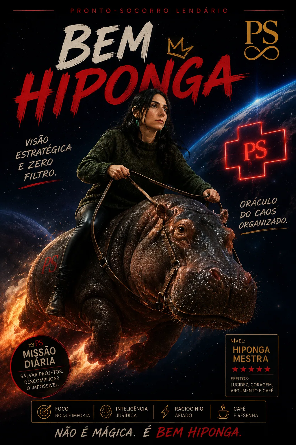 Pôster espacial com mulher montada em hipopótamo, textos em vermelho e logotipos PS — Fran cavalgando hipopótamo em pôster espacial: Bem Hiponga. O surreal que só o P