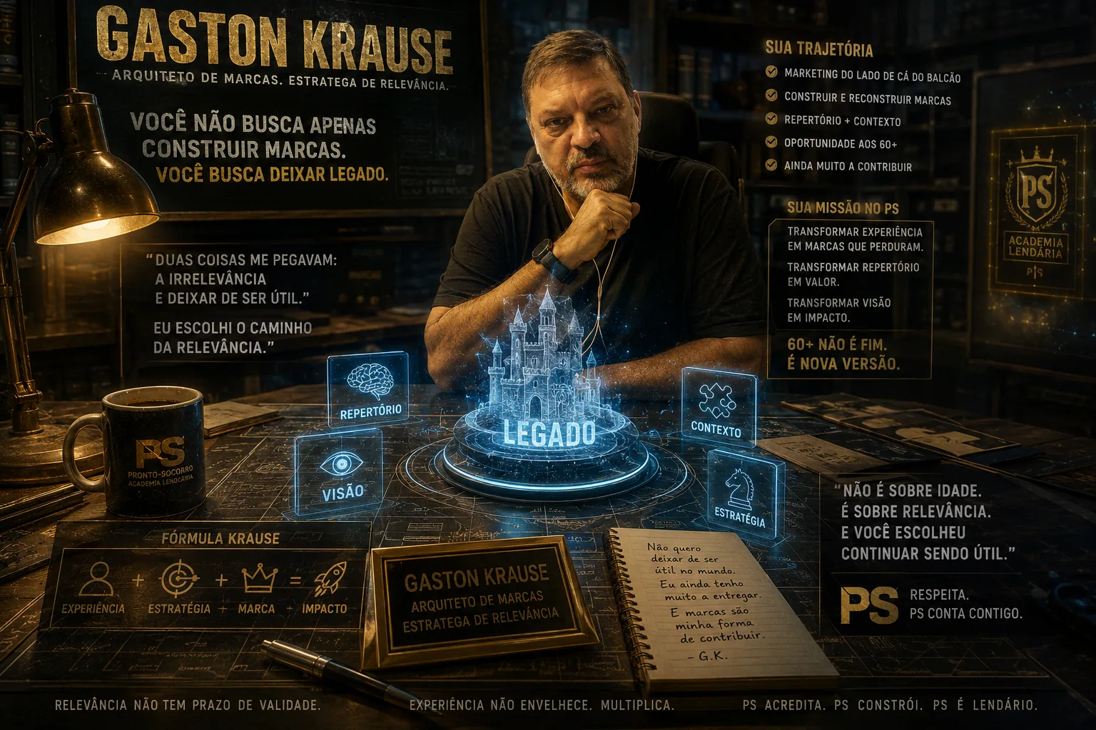 Homem sentado em mesa com elementos gráficos e texto sobre marcas. — Gaston Krause — O Arquiteto da Relevância. Quando muitos começam a contar os ano