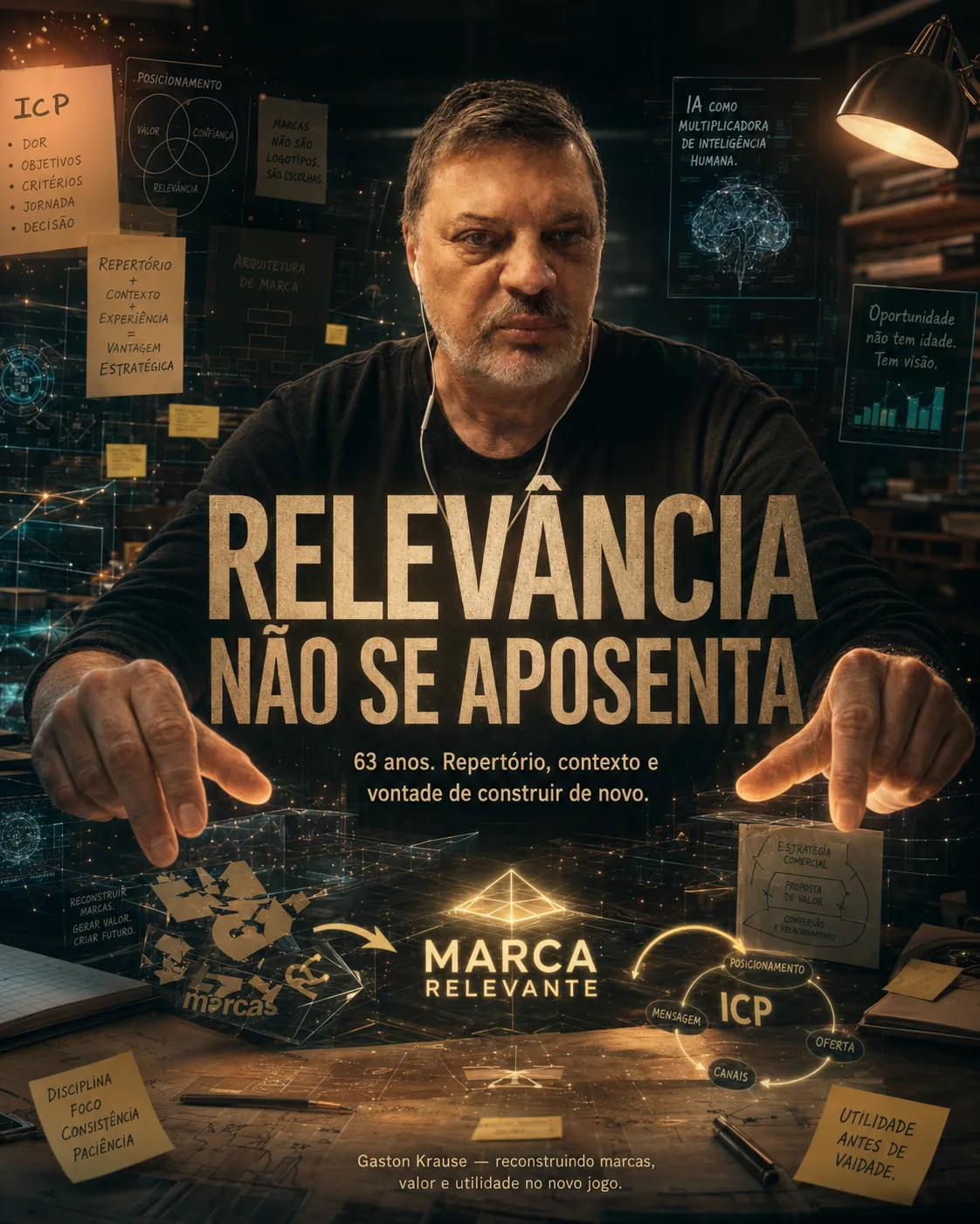 Homem de 63 anos em ambiente de trabalho com anotações e gráficos. — Não era sobre marketing. Era sobre continuar sendo útil.