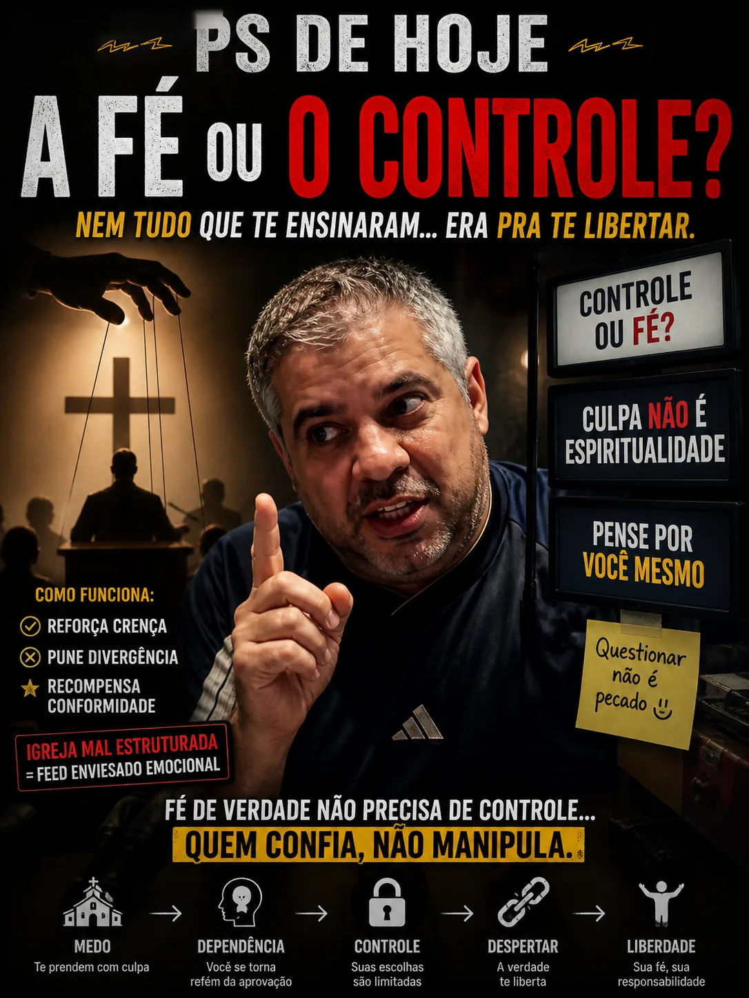 Cartaz: “A fé ou o controle?”, homem apontando, cruz e TVs com frases sobre culpa, espiritualidade e liberdade. — George. A tradução literal do SEO em dados, sem nenhuma margem para alucinação.
