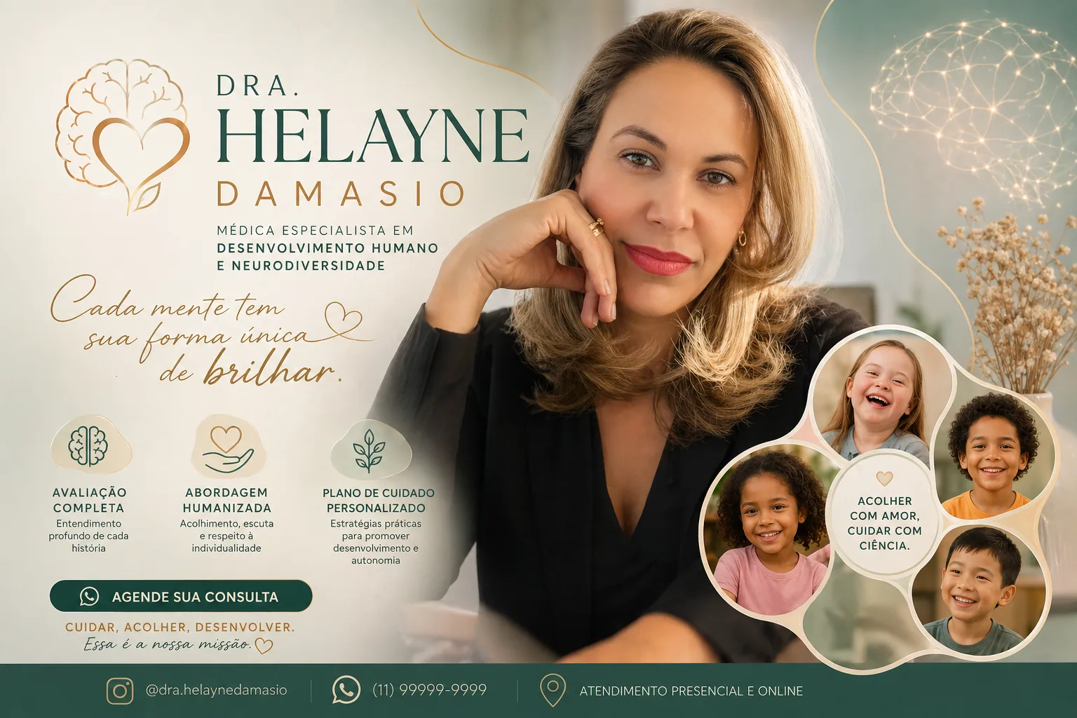 Helayne Damasio com um sorriso leve e olhar — Regulação e lucidez. A mente cética em seu estado de repouso ativo, acolhendo a 