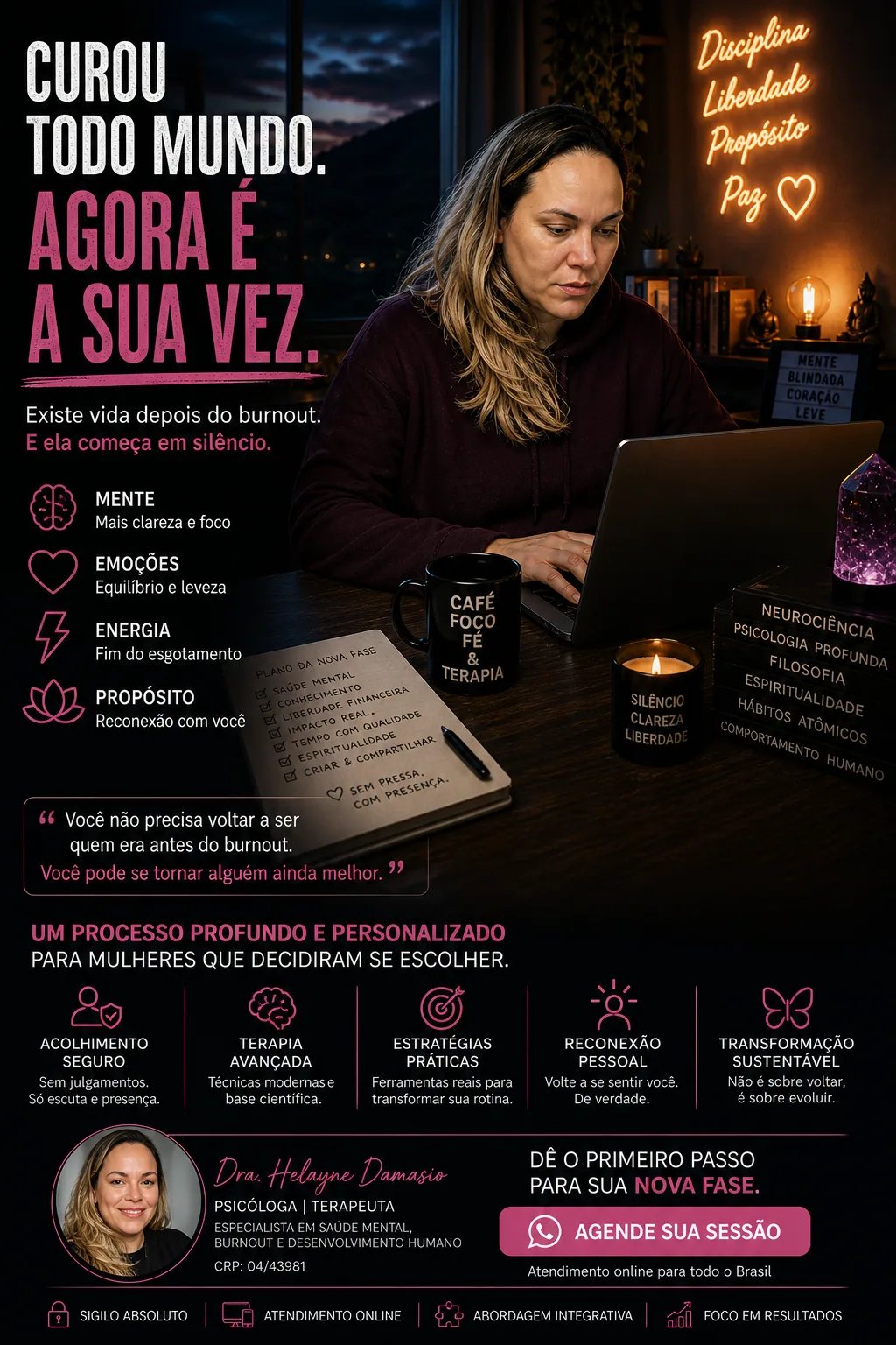 Anúncio de terapia para burnout com mulher no notebook, textos motivacionais e botão para agendar sessão. — Processo terapêutico para nova fase após burnout.