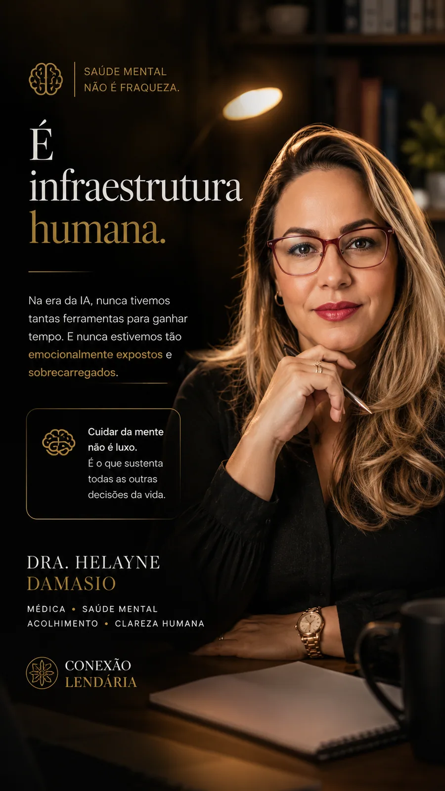 Retrato de médica em arte sobre saúde mental, com texto dizendo que é infraestrutura humana. — Post sobre saúde mental com retrato profissional e tom acolhedor.