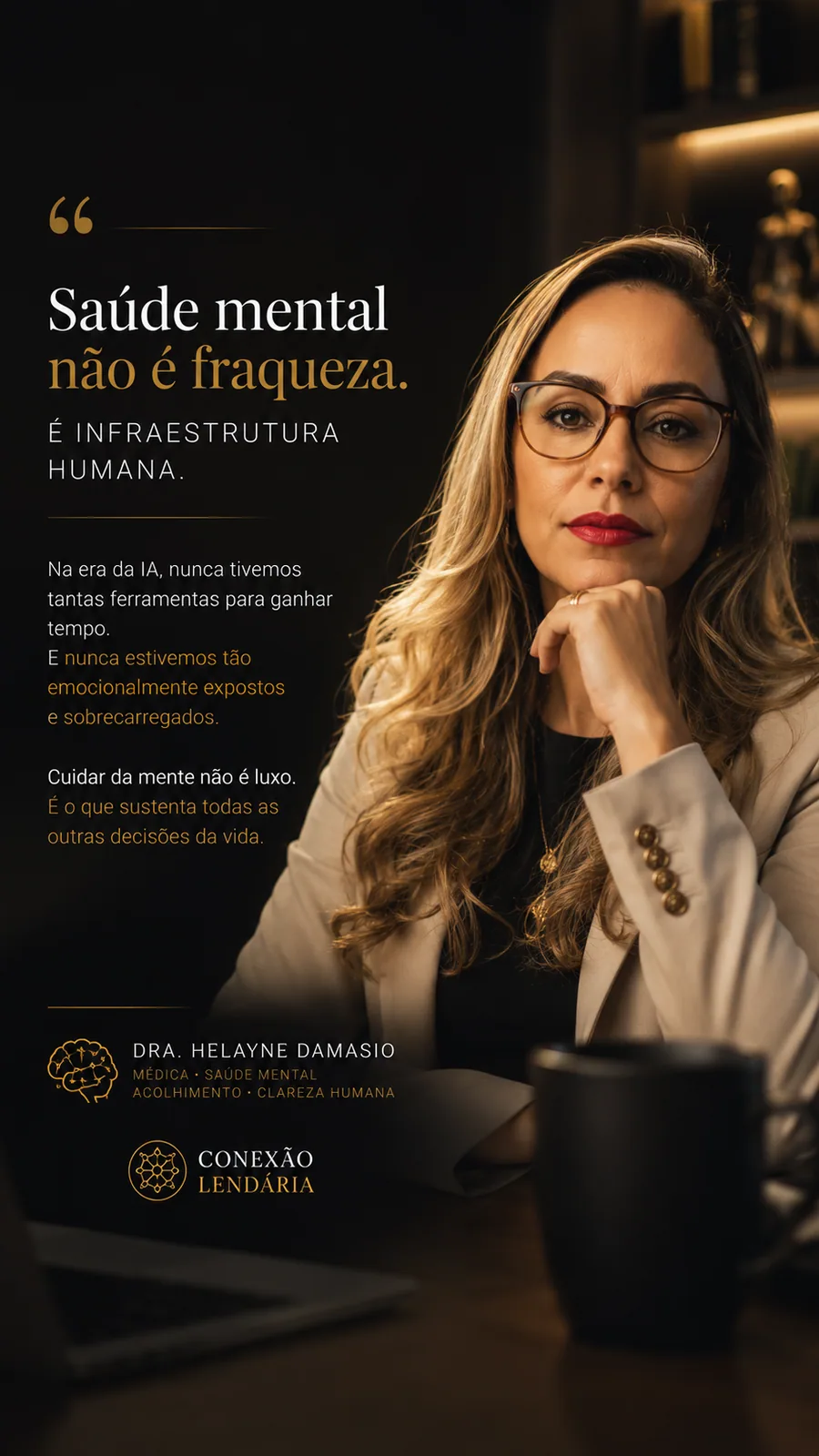 Post sobre saúde mental com retrato de mulher de óculos em ambiente escuro e texto em destaque. — Saúde mental como infraestrutura humana.