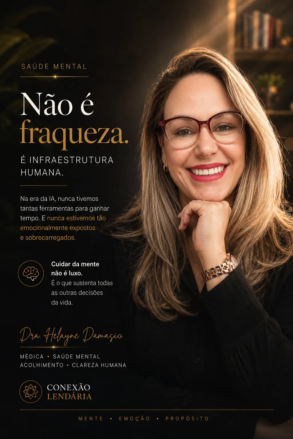 Arte sobre saúde mental com retrato de mulher sorrindo e texto “Não é fraqueza. É infraestrutura humana.” — Saúde mental apresentada como base para decisões da vida.