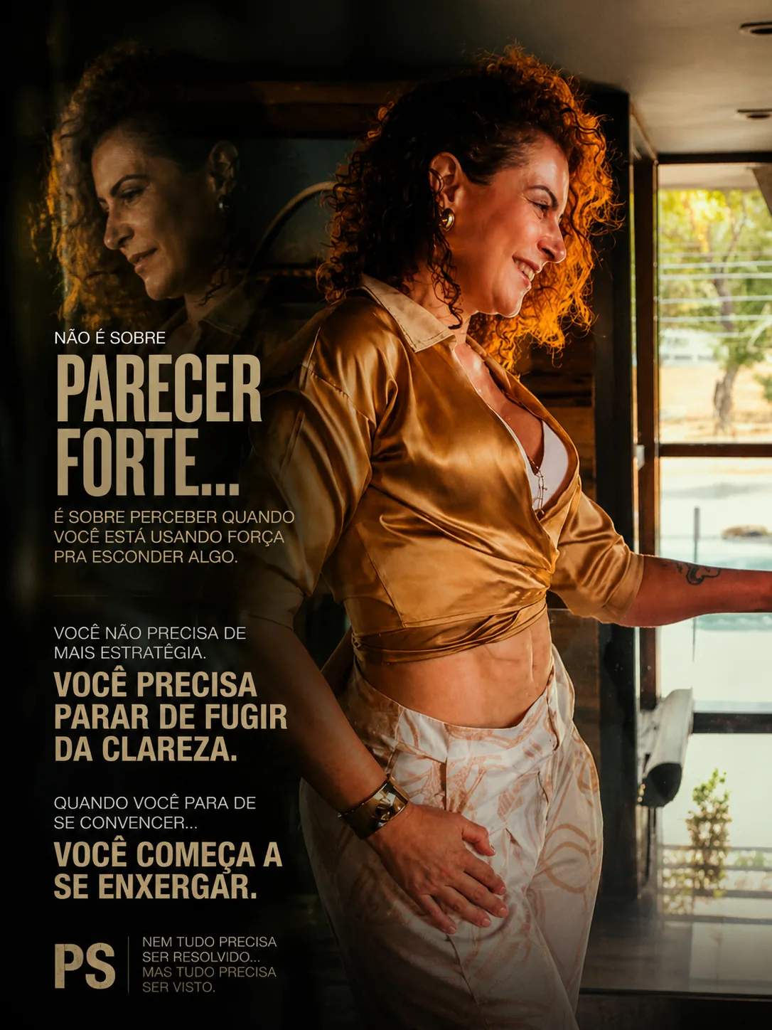 Jaya editorial dourada — É sobre perceber quando você está usando força pra esconder algo.