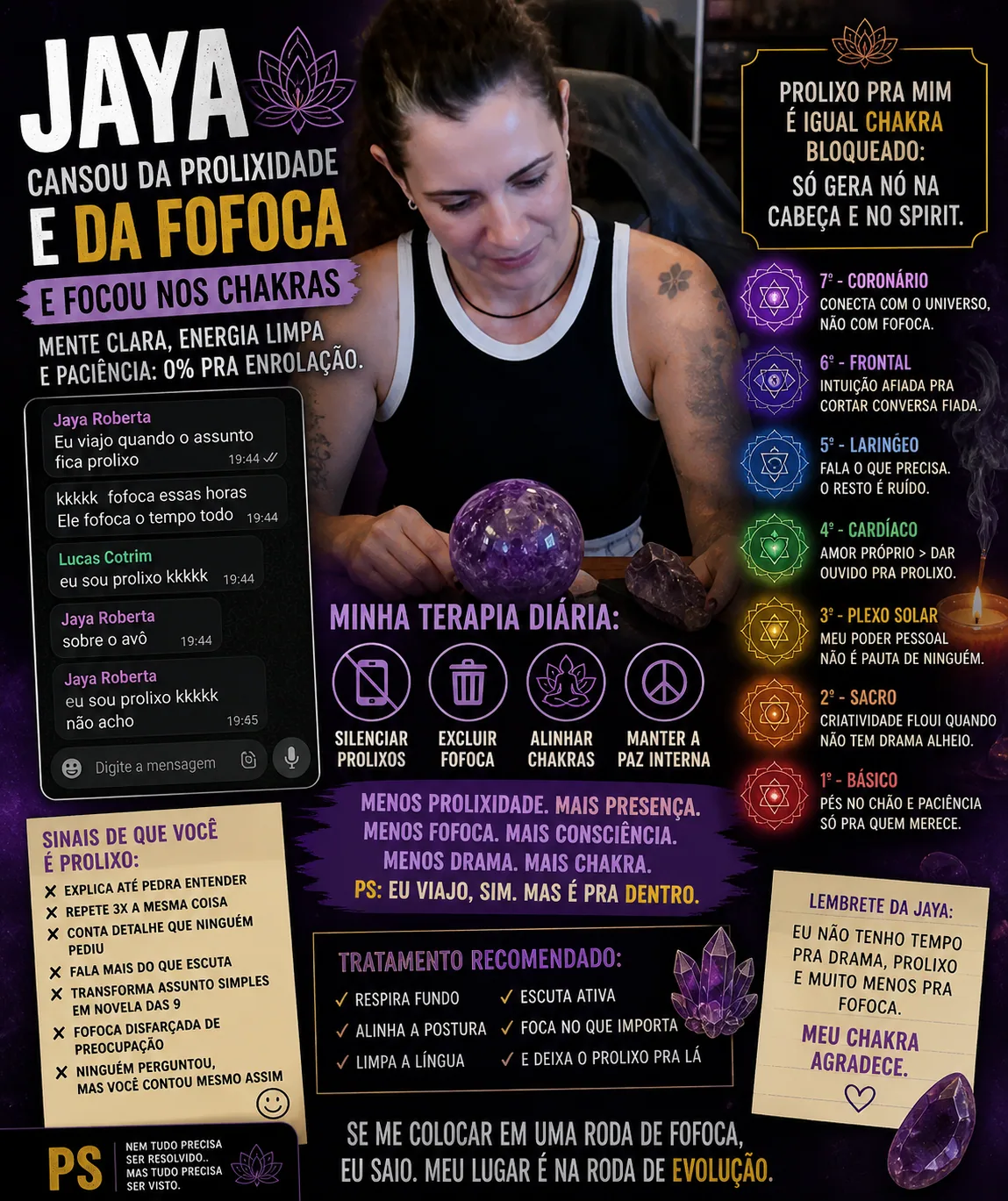 Colagem com mulher e textos sobre prolixidade, fofoca e chakras; destaque: Jaya cansou da prolixidade e da fofoca — Sal, sol, sardas, sorriso. A frequência crua antes de qualquer post.